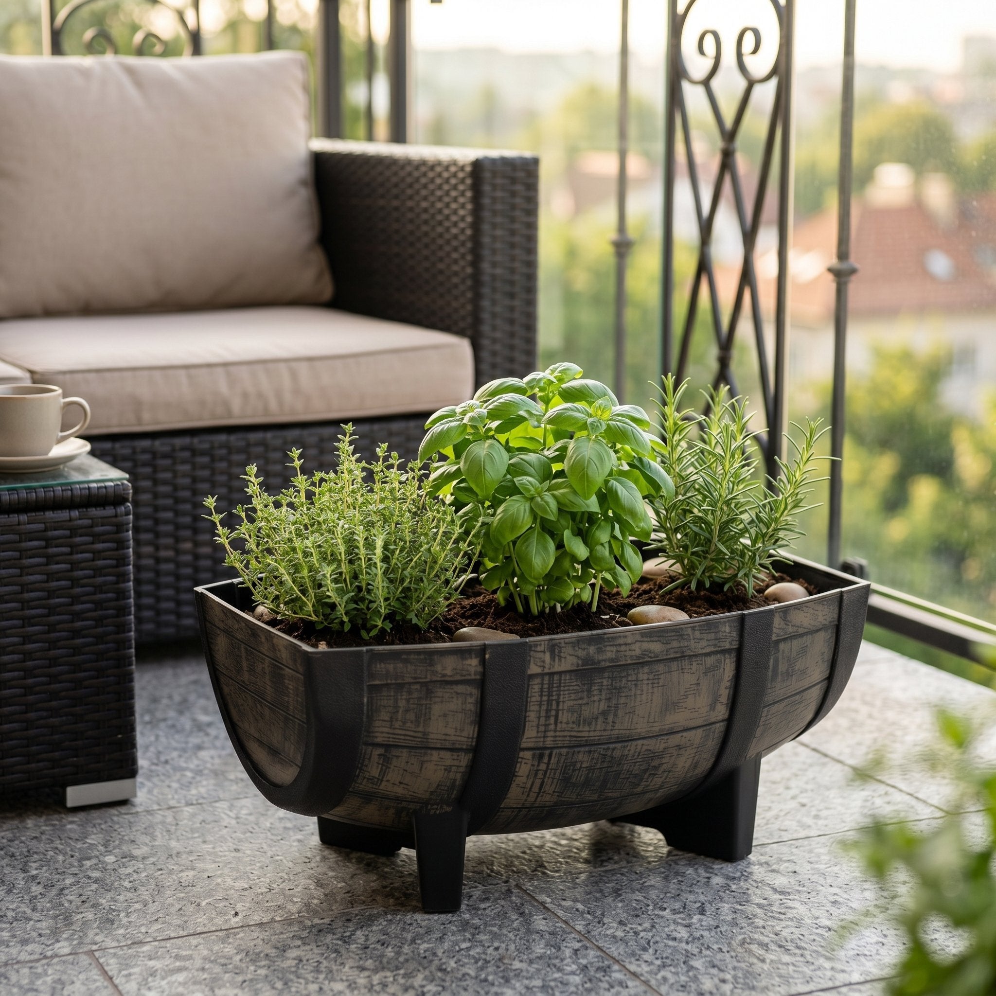 Pflanzkübel Weinfass Optik aus Kunststoff wetterfest für Garten Balkon Terrasse und Hauseingang Pflanztopf Blumenkübel mit Ablaufloch und Sieb Größe wählbar