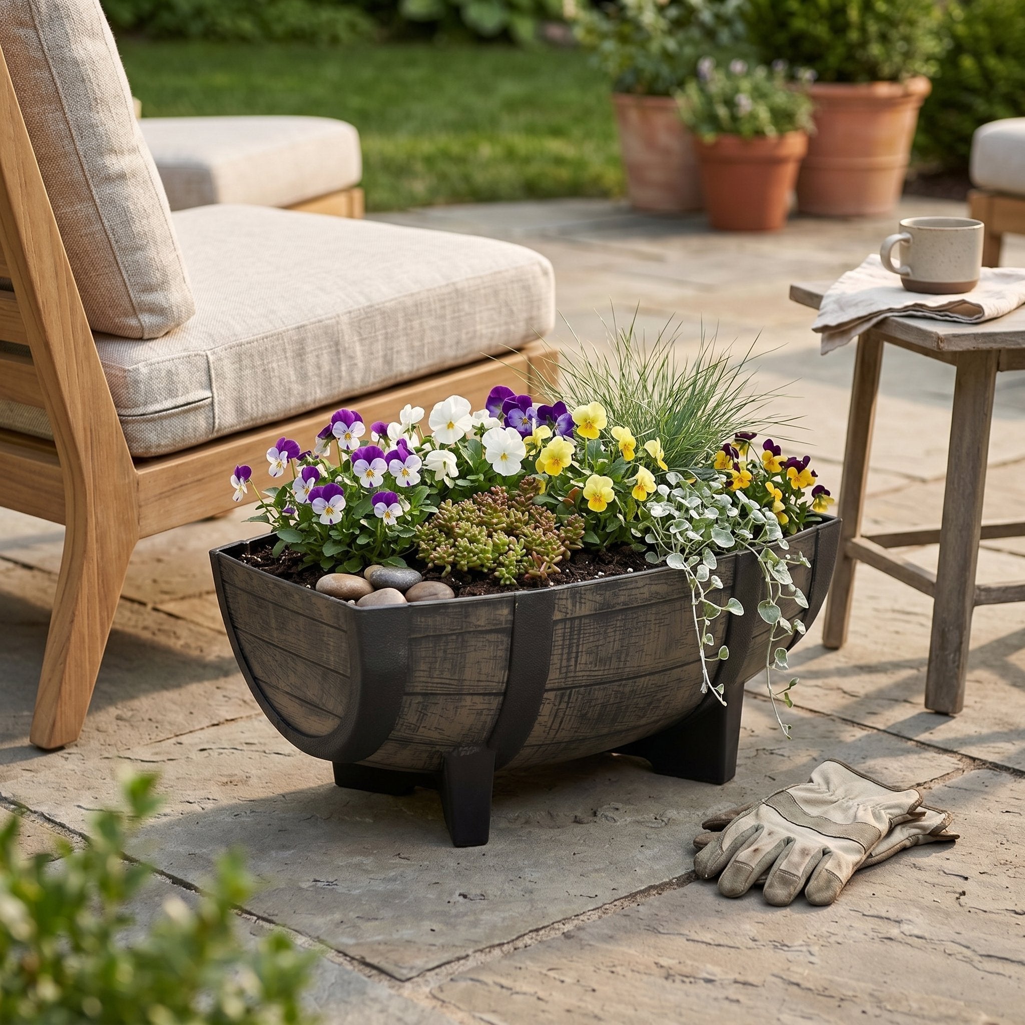 Pflanzkübel Weinfass Optik aus Kunststoff wetterfest für Garten Balkon Terrasse und Hauseingang Pflanztopf Blumenkübel mit Ablaufloch und Sieb Größe wählbar