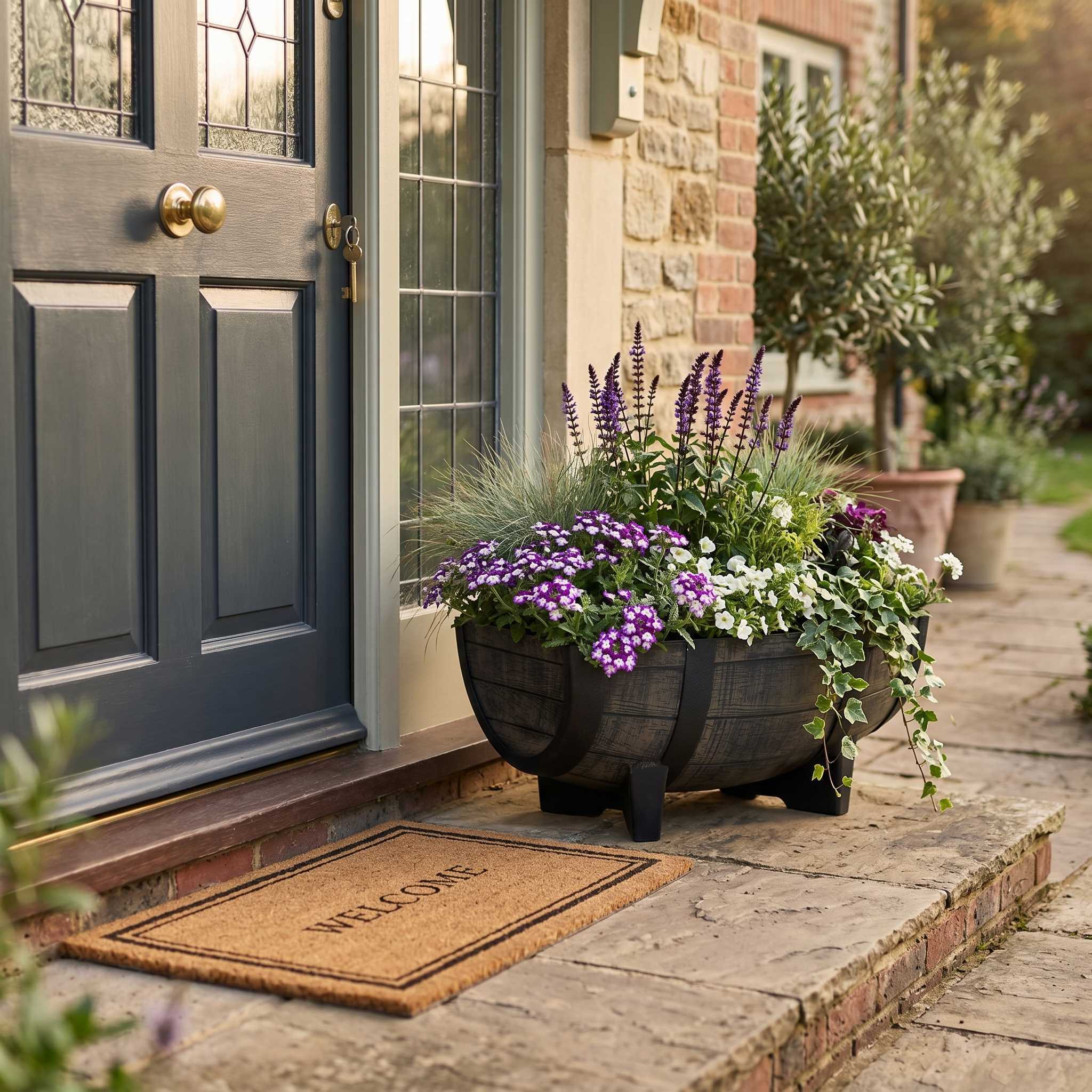 Pflanzkübel Weinfass Optik aus Kunststoff wetterfest für Garten Balkon Terrasse und Hauseingang Pflanztopf Blumenkübel mit Ablaufloch und Sieb Größe wählbar