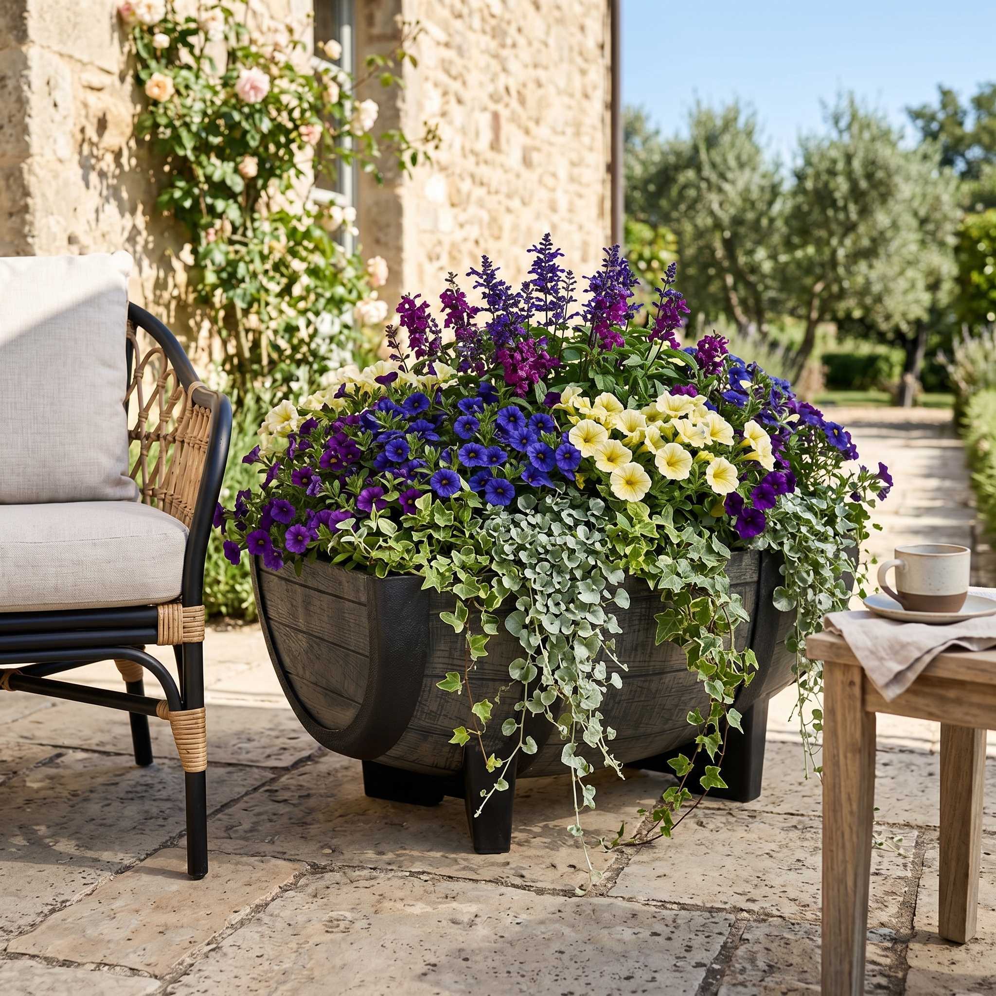Pflanzkübel Weinfass Optik aus Kunststoff wetterfest für Garten Balkon Terrasse und Hauseingang Pflanztopf Blumenkübel mit Ablaufloch und Sieb Größe wählbar