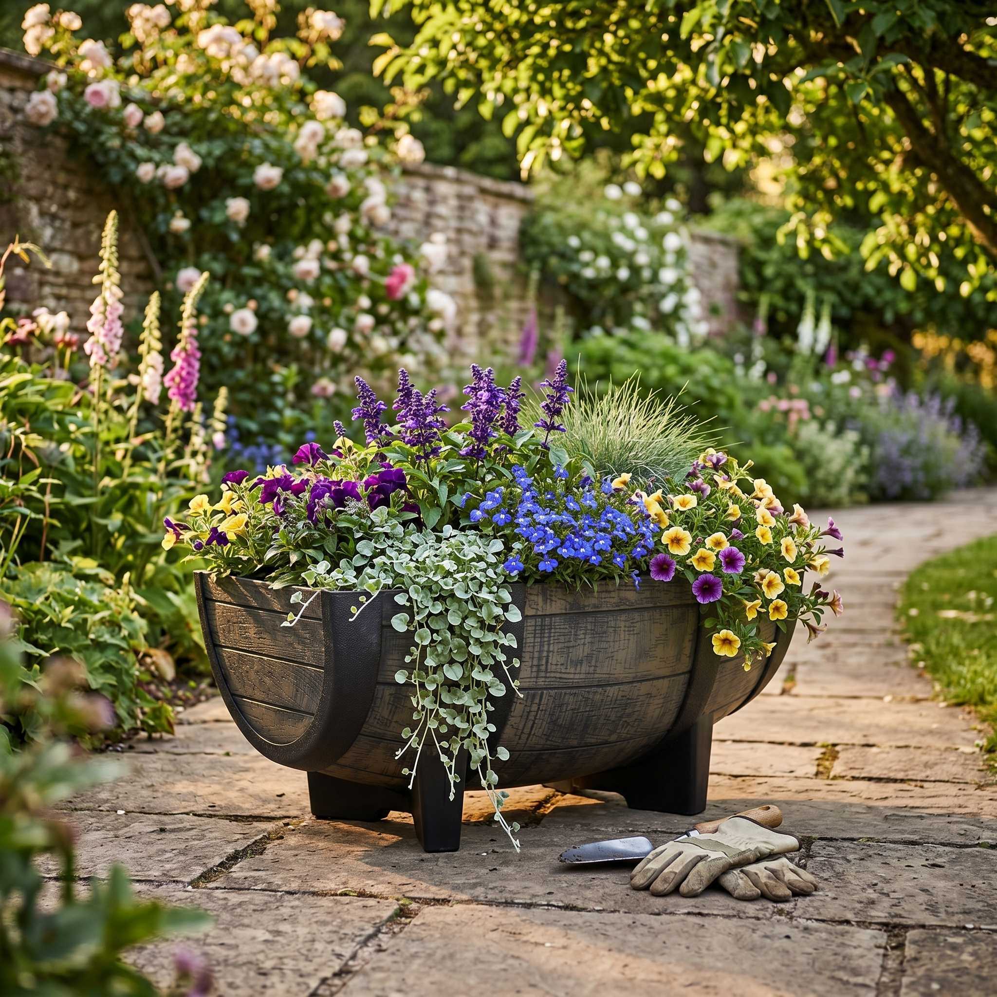 Pflanzkübel Weinfass Optik aus Kunststoff wetterfest für Garten Balkon Terrasse und Hauseingang Pflanztopf Blumenkübel mit Ablaufloch und Sieb Größe wählbar