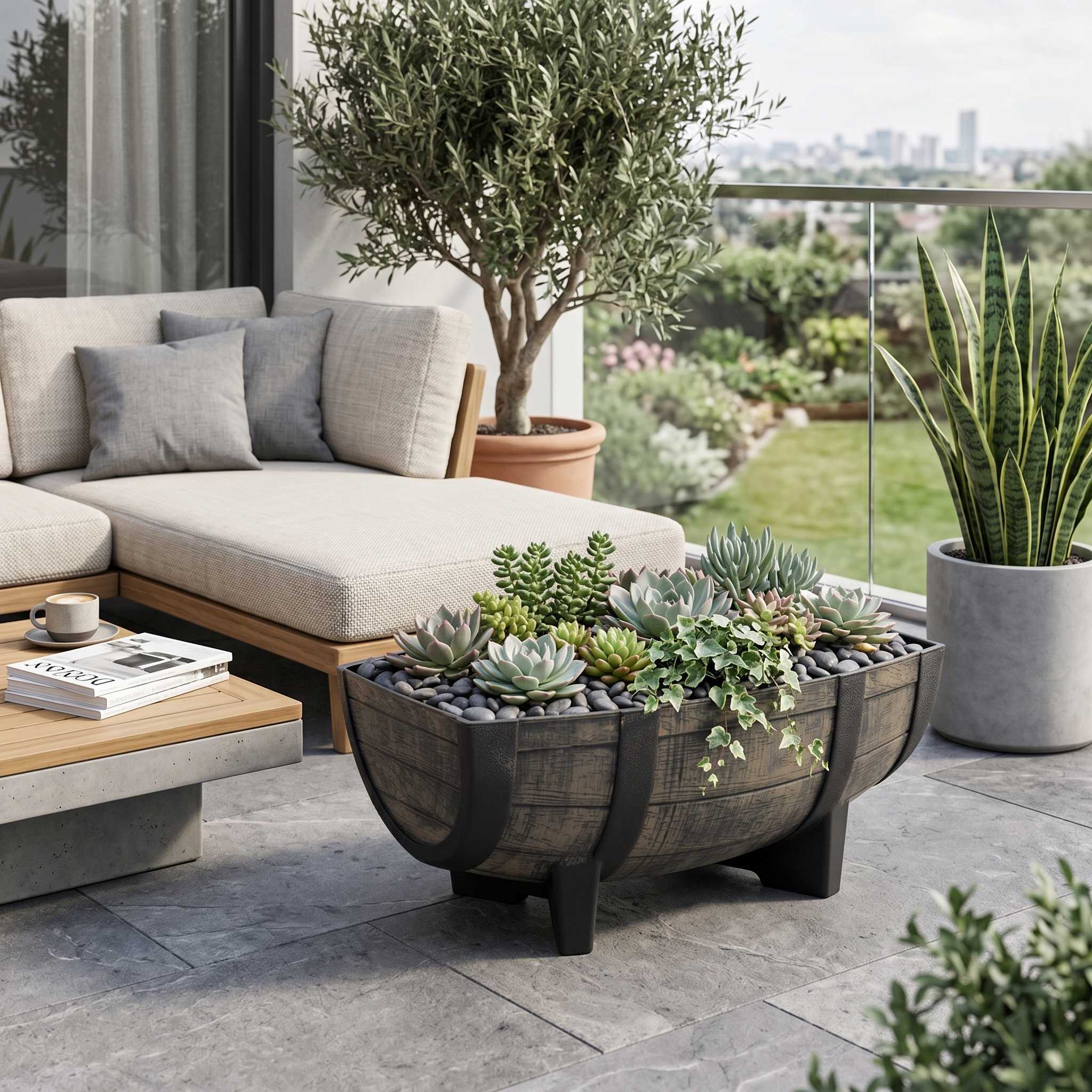 Pflanzkübel Weinfass Optik aus Kunststoff wetterfest für Garten Balkon Terrasse und Hauseingang Pflanztopf Blumenkübel mit Ablaufloch und Sieb Größe wählbar