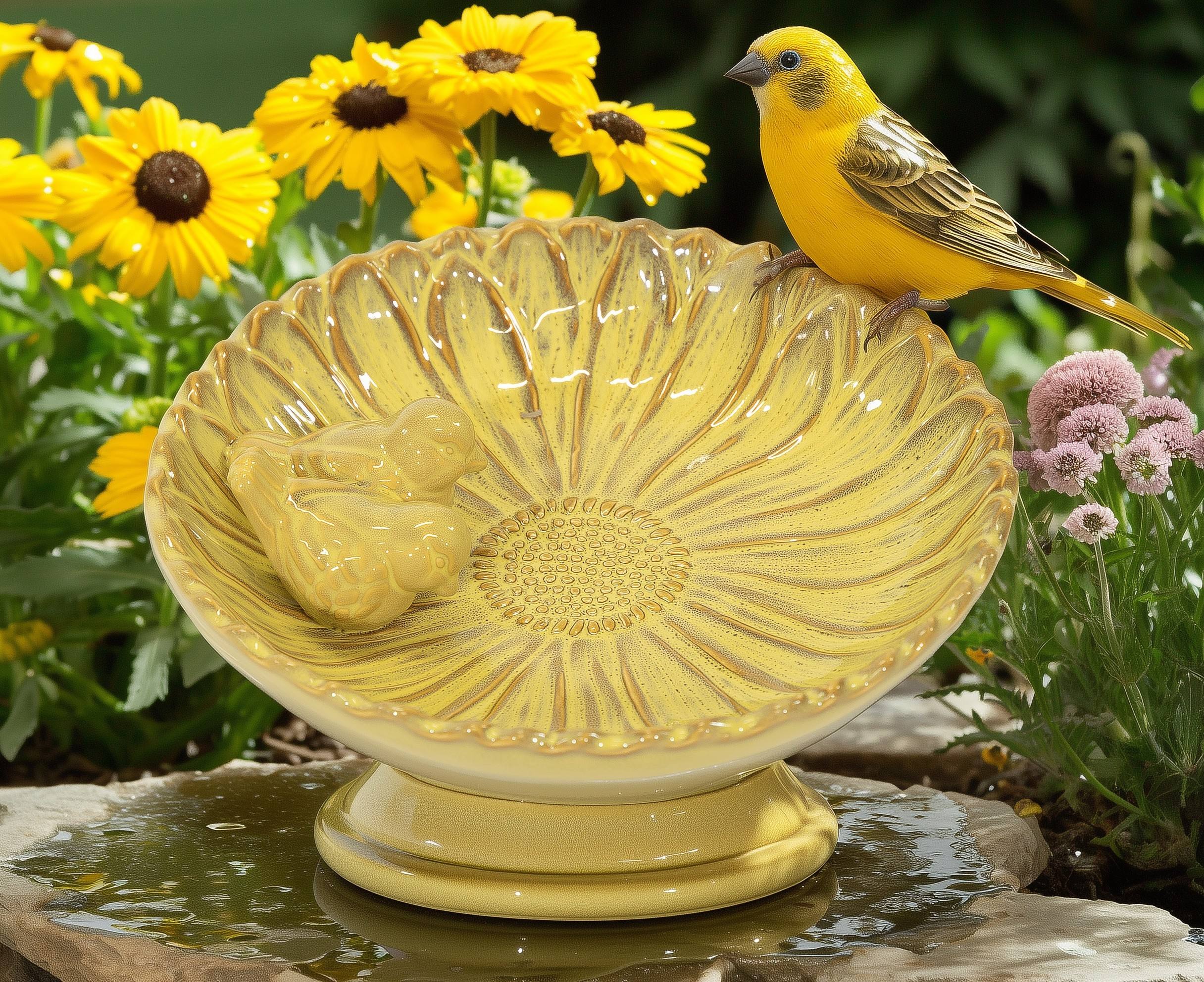 Vogeltränke winterfest | Fleur | Deko-Vogelbad mit 2 Keramikvögeln | glasierte Vogeltränke für Garten, Balkon oder Terrasse wetterfest, Ø 23 cm oder Ø 28 cm
