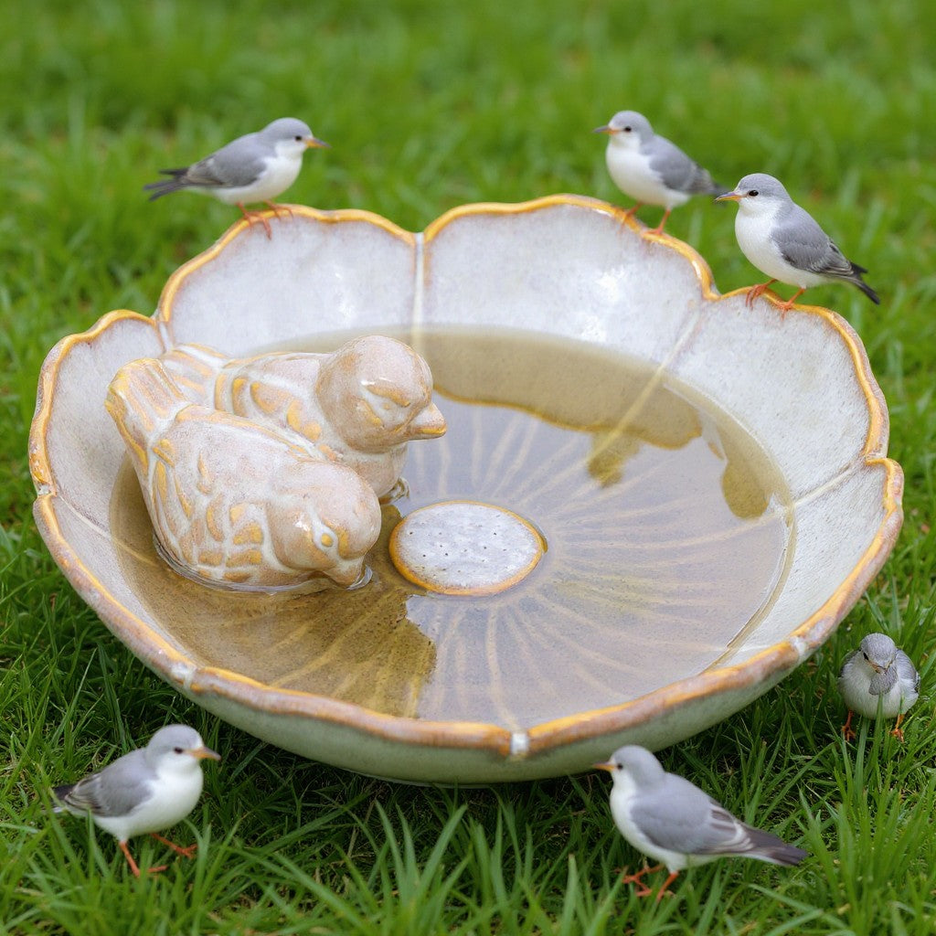 Vogeltränke winterfest | Fleur | Deko-Vogelbad mit 2 Keramikvögeln | glasierte Vogeltränke für Garten, Balkon oder Terrasse wetterfest, Ø 23 cm oder Ø 28 cm