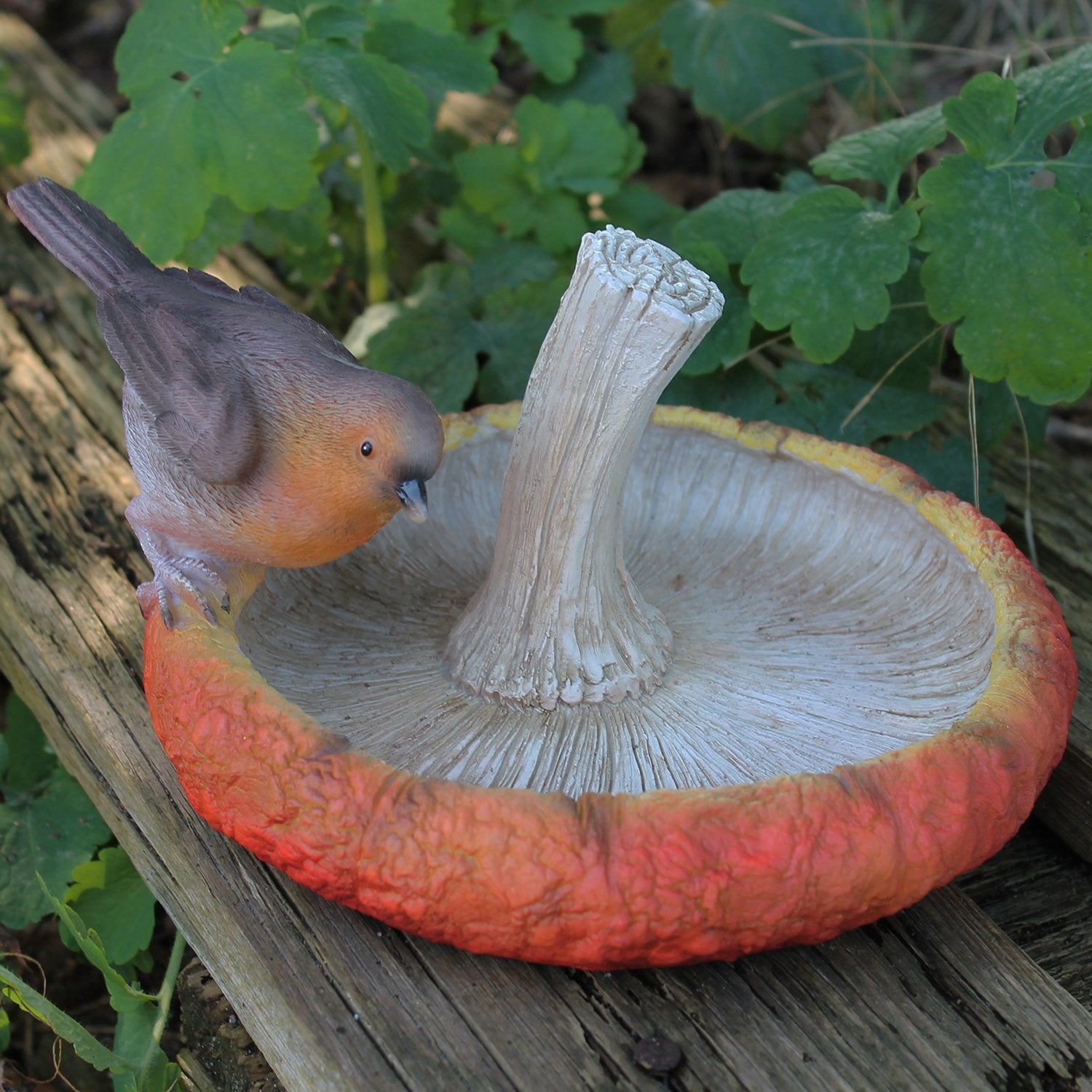 Vogeltränke aus Polyresin in Pilzform – Handbemalt mit Rotkehlchen oder Blaumeise – Dekorative Gartendeko für Garten und Balkon