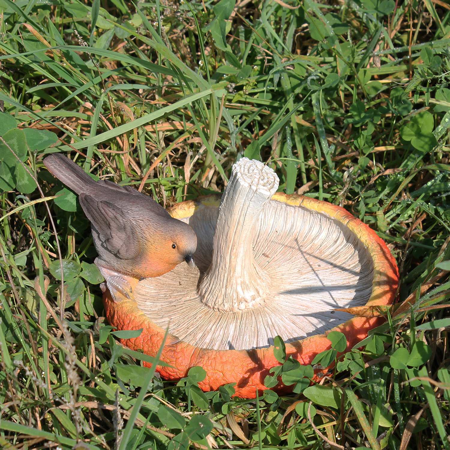 Vogeltränke aus Polyresin in Pilzform – Handbemalt mit Rotkehlchen oder Blaumeise – Dekorative Gartendeko für Garten und Balkon