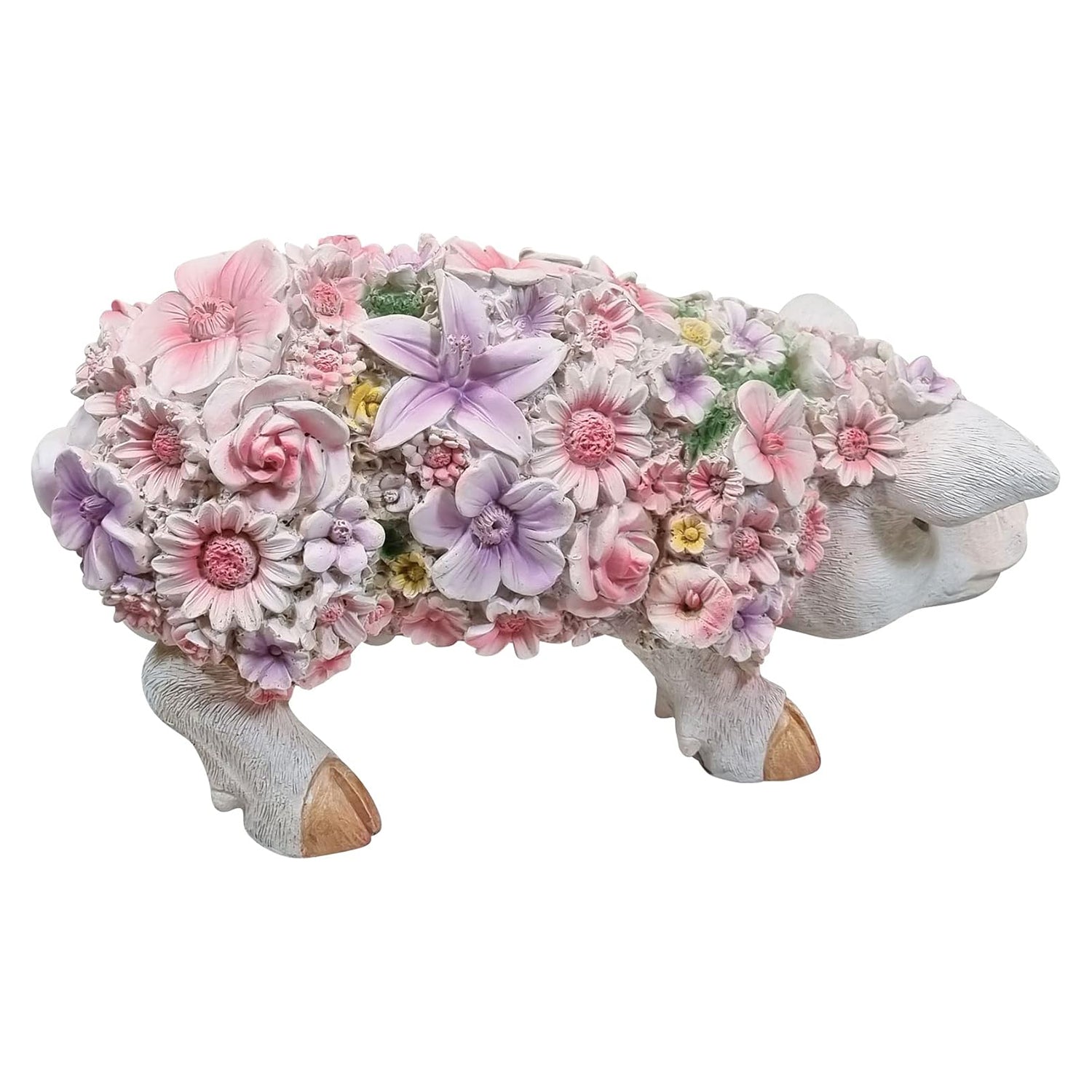 Schwein Schweinchen stehend mit Blumendekor Tierfigur Gartenfigur Dekofigur