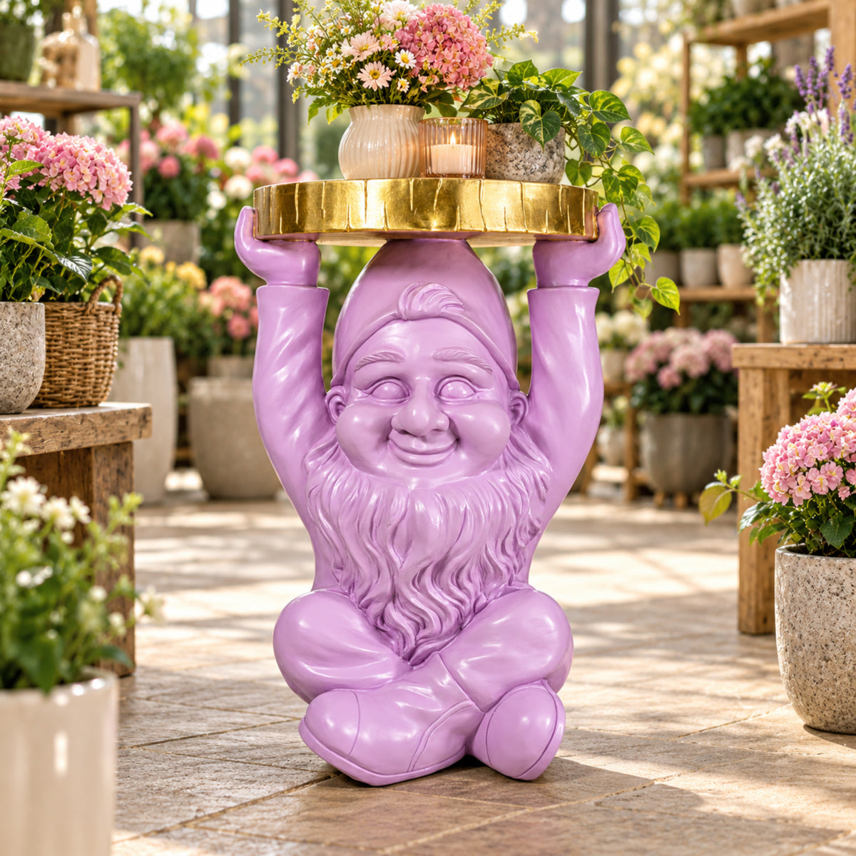 Beistelltisch Gartenzwerg mit goldfarbener Tischplatte Design Telefontisch klein für Wohnzimmer Flur und Schlafzimmer in Rosa oder Schwarz
