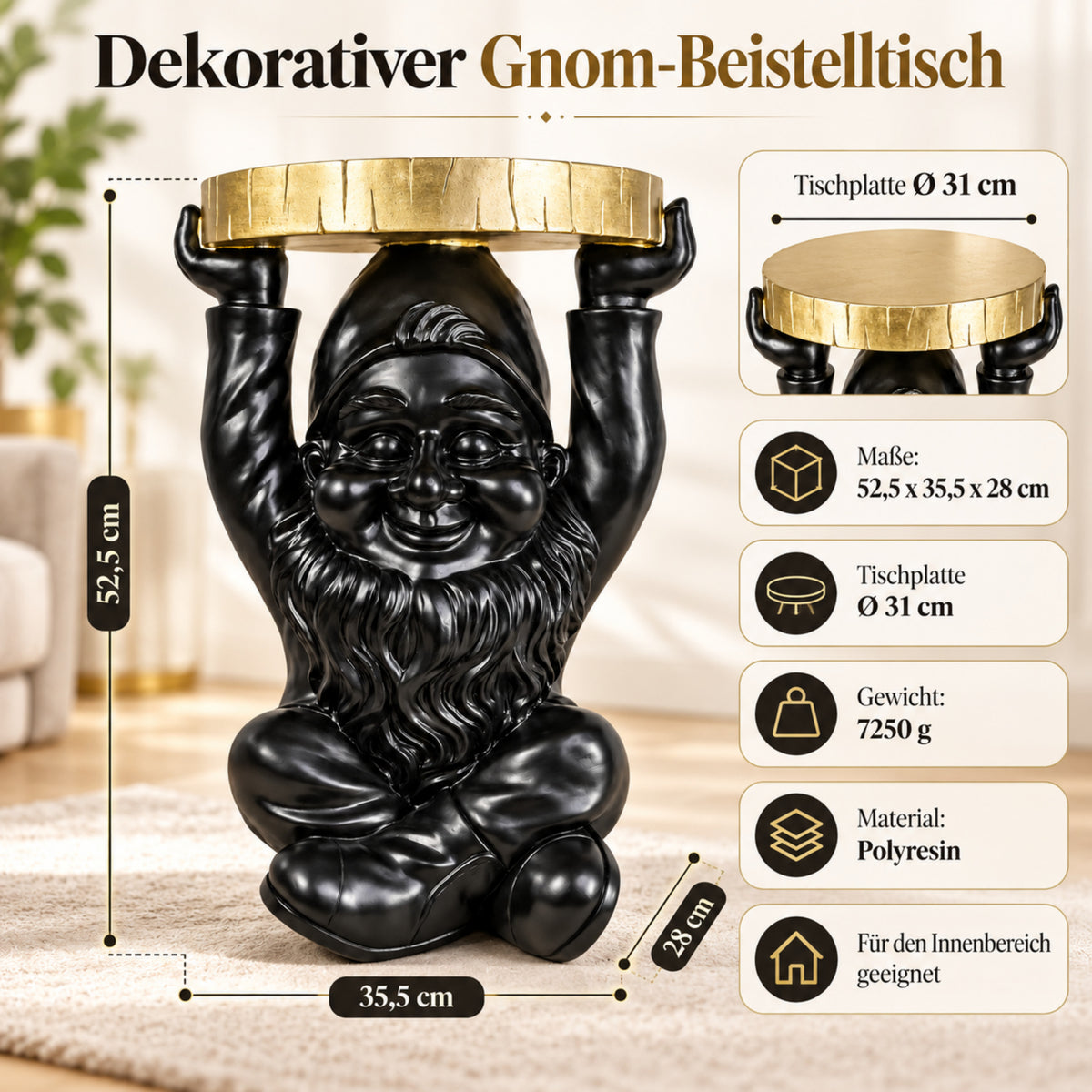 Beistelltisch Gartenzwerg mit goldfarbener Tischplatte Design Telefontisch klein für Wohnzimmer Flur und Schlafzimmer in Rosa oder Schwarz