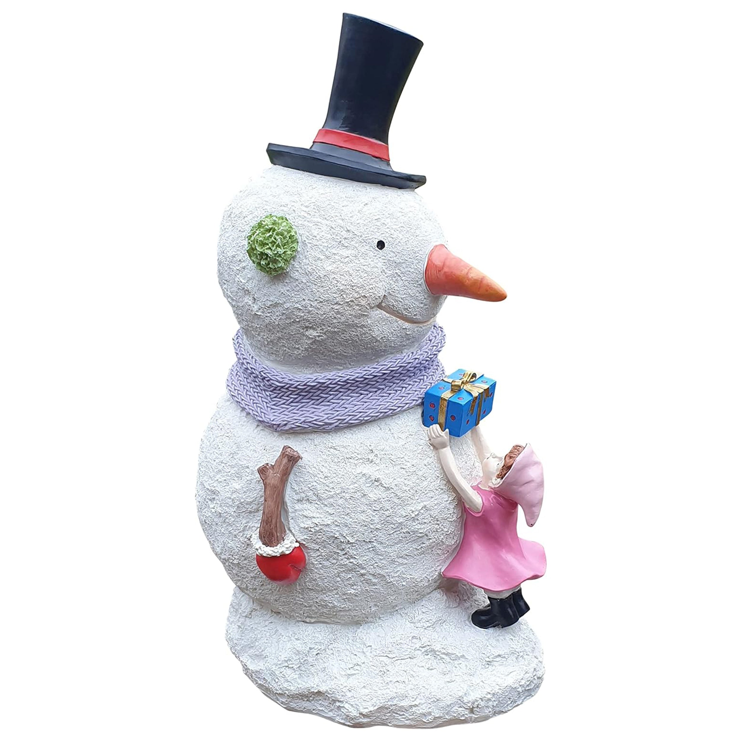 Große Schneemann Weihnachtsfigur mit Kind und Präsent – Detailreiche Winter-Dekoration für den Garten