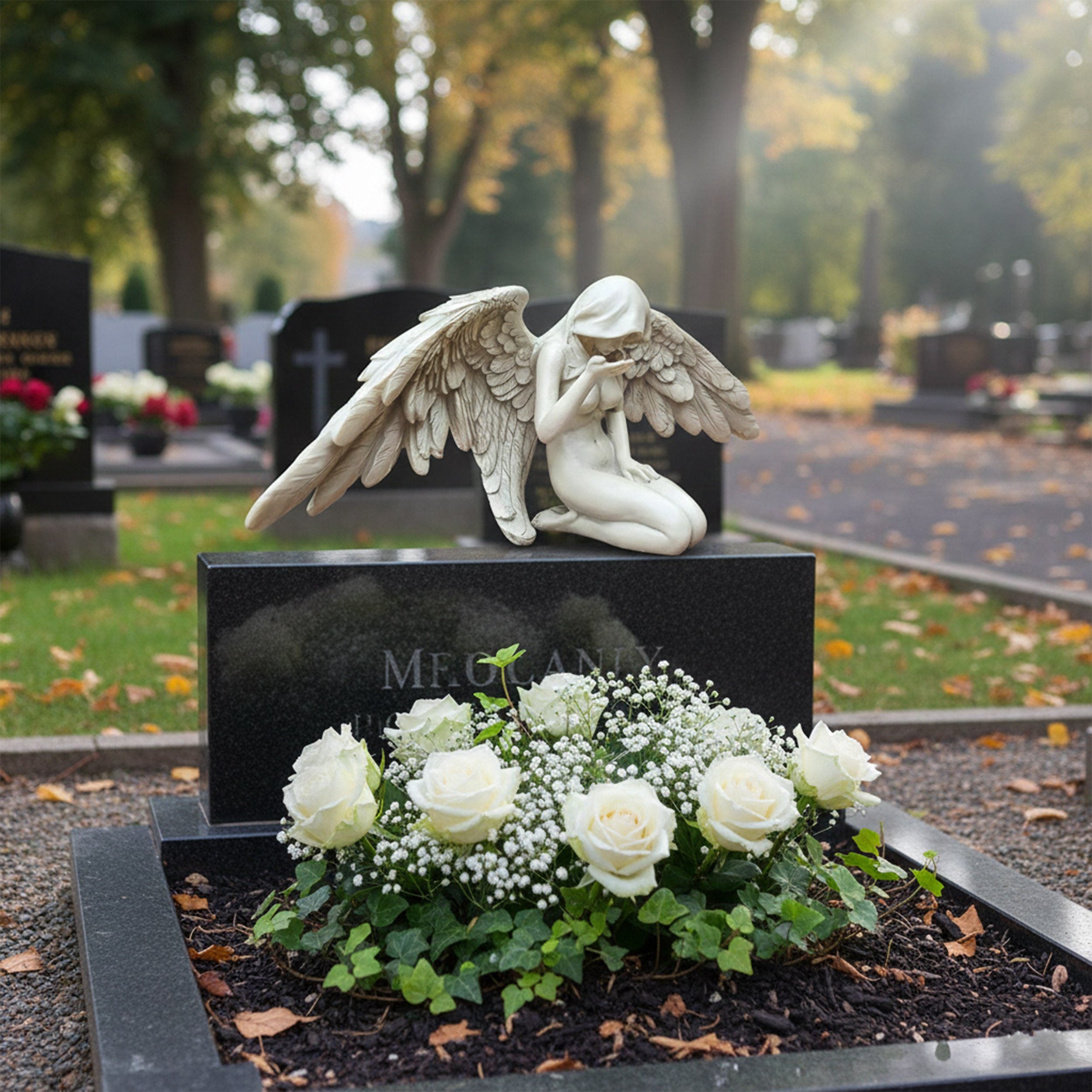 Engelfigur wetterfest kniend Creme ca. 36 cm Flügel Dekofigur