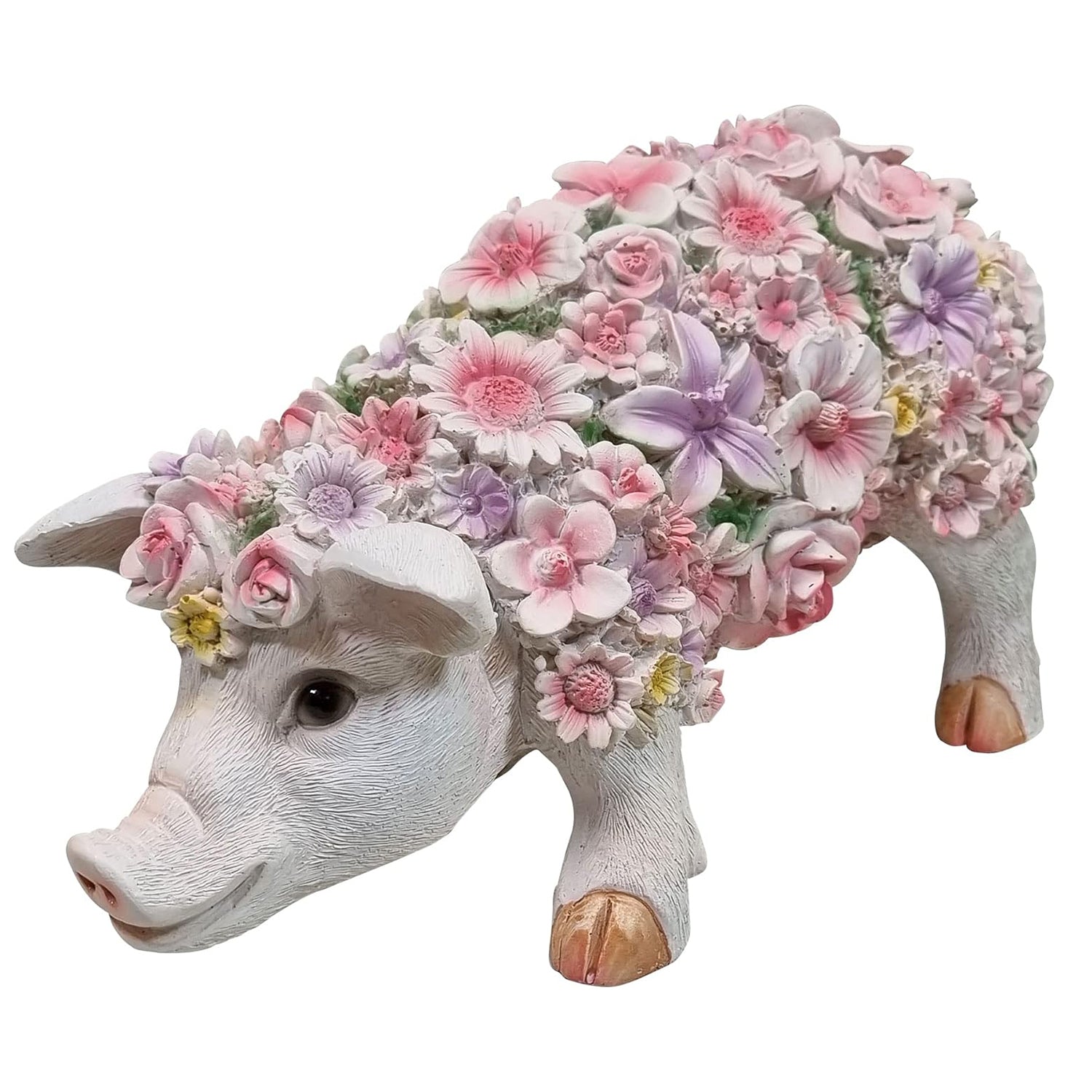 Schwein Schweinchen stehend mit Blumendekor Tierfigur Gartenfigur Dekofigur