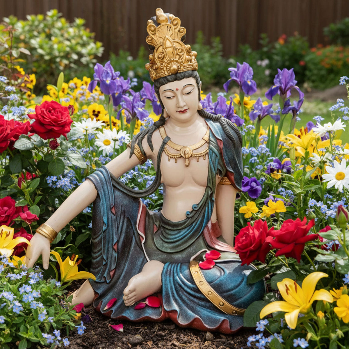 Buddha Figur sitzend groß mit Krone handbemalt aus Polyresin wetterbeständige Buddha Statue für Garten Terrasse Balkon und Wohnzimmer