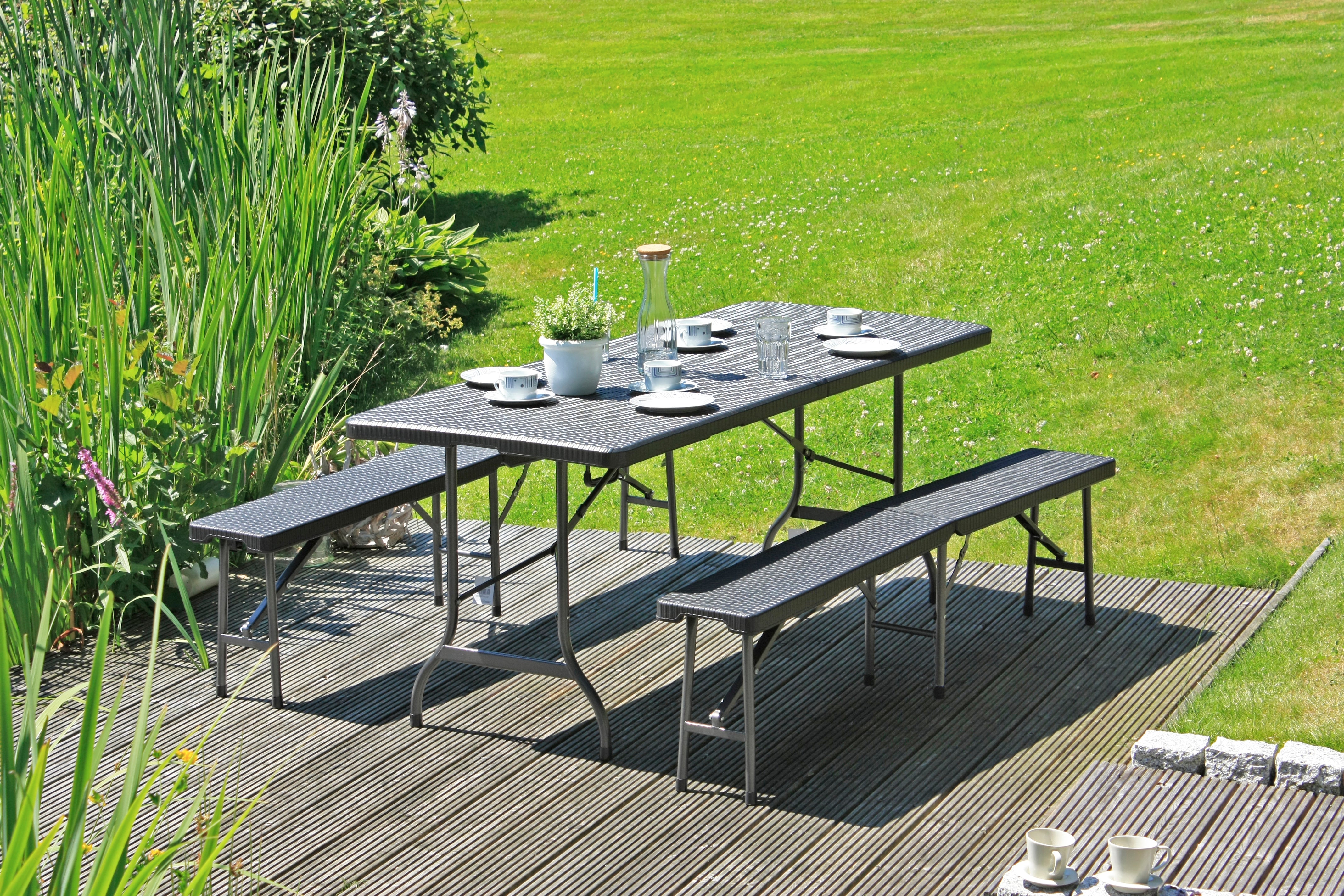 Tisch-Set 3-teilig klappbare Bierzeltgarnitur VENTANA Gartenset in Rattan-Optik von Garden Pleasure