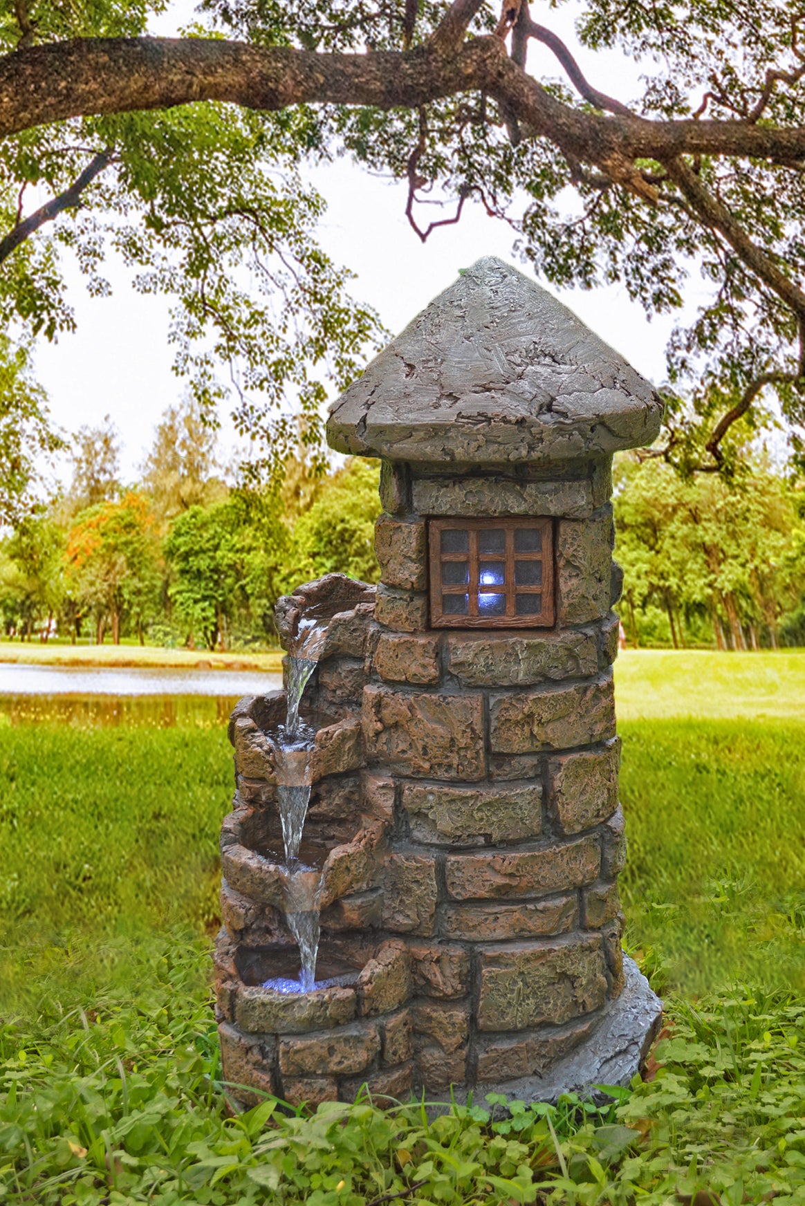 Zierbrunnen Gartenbrunnen HADES Turmbrunnen mit LED-Licht Stein-Optik von Garden Pleasure