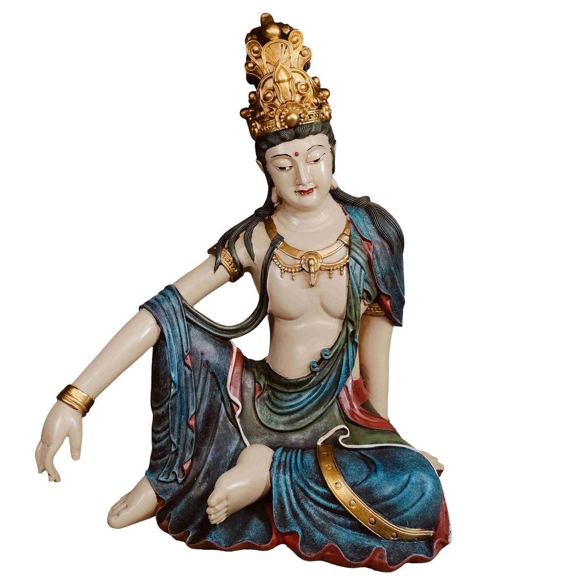 Buddha Figur sitzend groß mit Krone handbemalt aus Polyresin wetterbeständige Buddha Statue für Garten Terrasse Balkon und Wohnzimmer