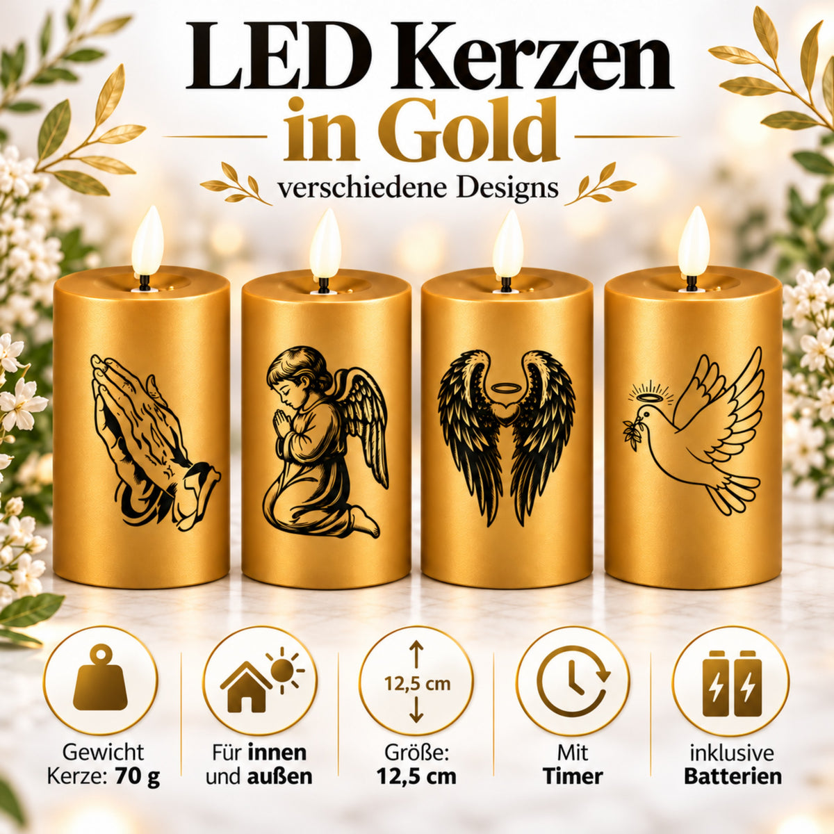 LED Grabkerzen Gold & Silber mit Timer & Varta Batterien – Grabkerze LED / LED Grablicht mit Motiv