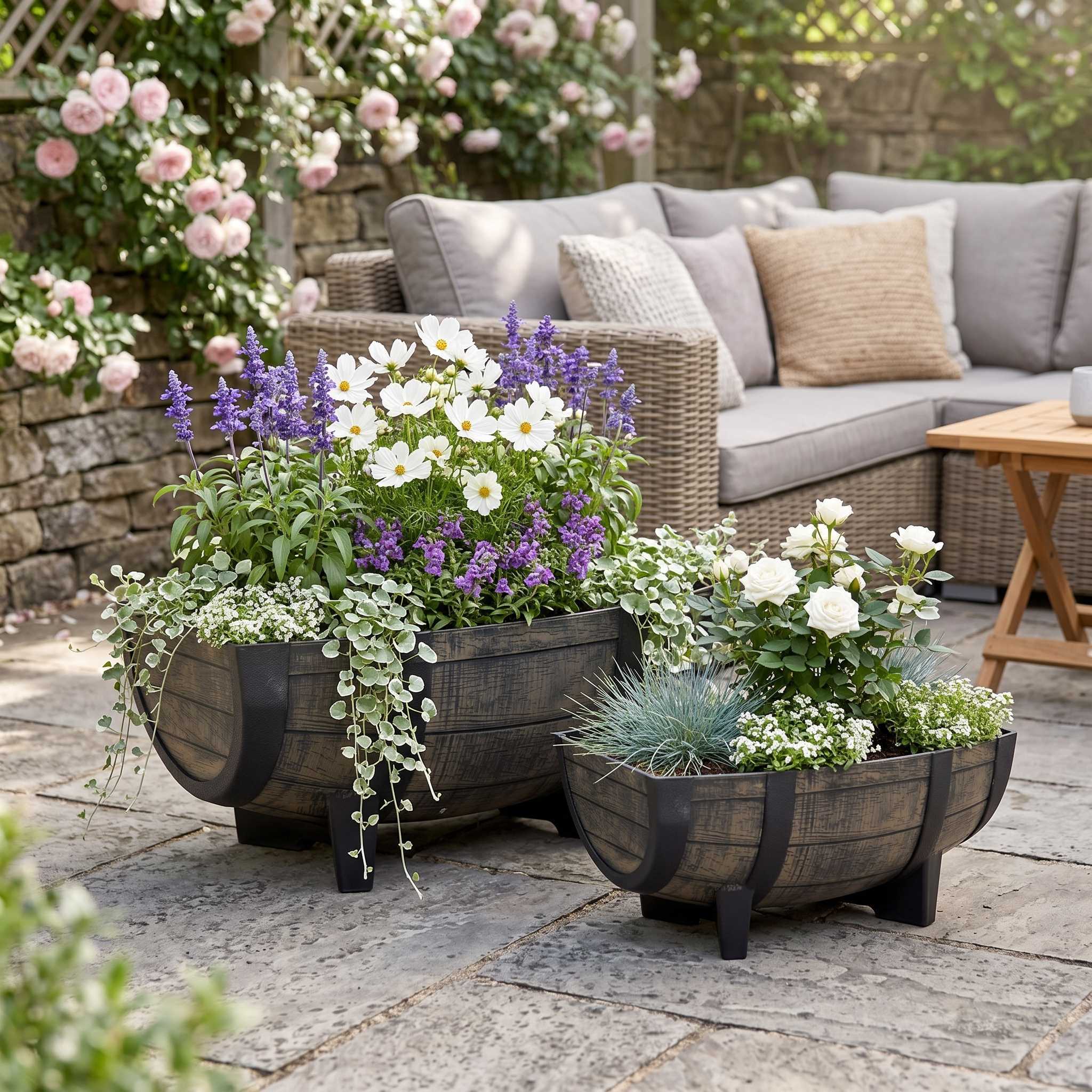 Pflanzkübel Weinfass Optik aus Kunststoff wetterfest für Garten Balkon Terrasse und Hauseingang Pflanztopf Blumenkübel mit Ablaufloch und Sieb Größe wählbar