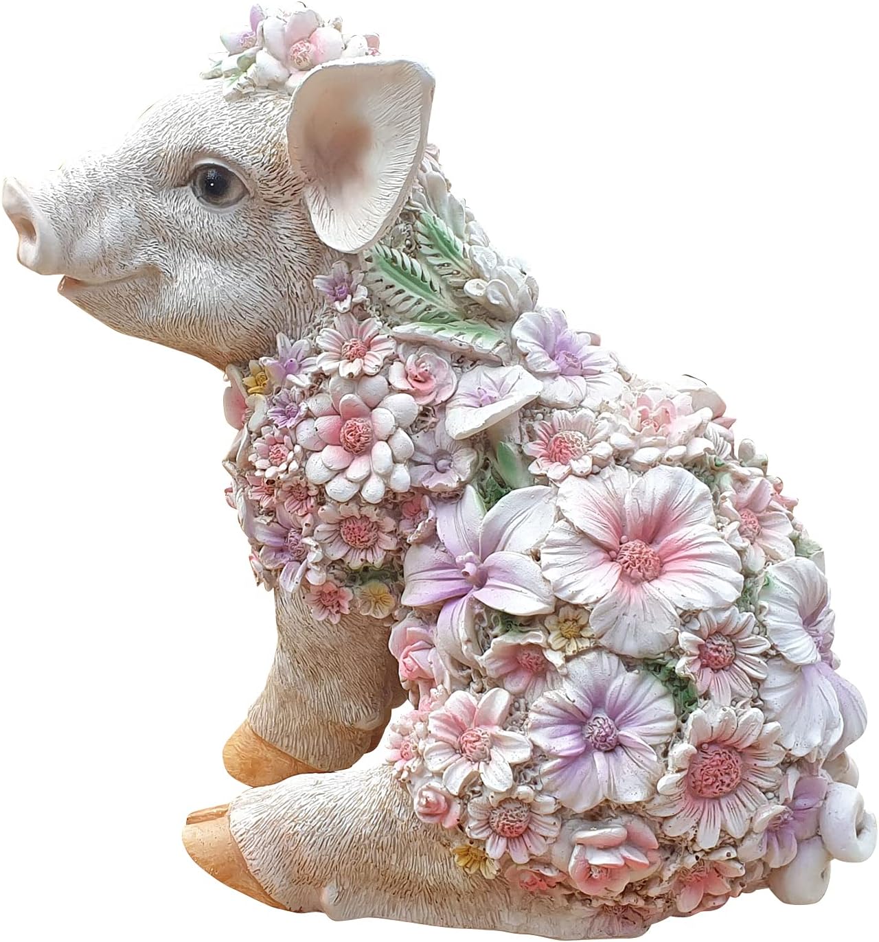 Schwein Dekofigur Schweinchen Tierfigur sitzend mit Blumendekor Gartenfigur