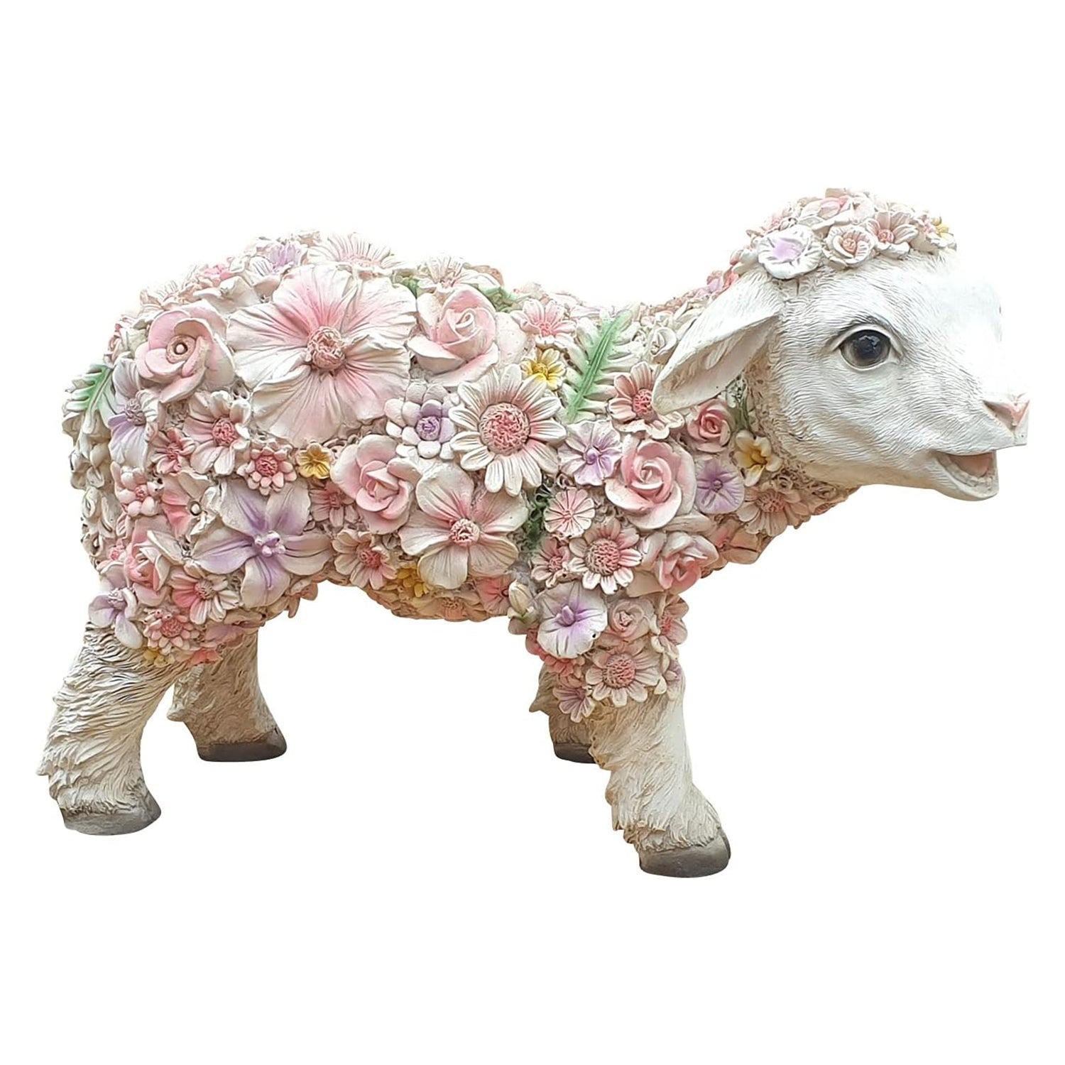 Schaf Dekofigur Schäfchen Tierfigur stehend mit Blumendekor Gartenfigur