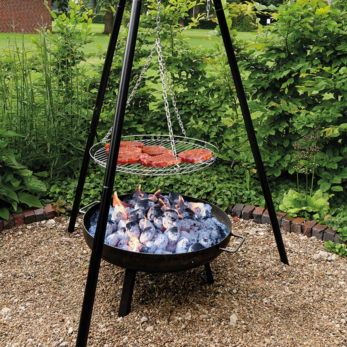 Feuerschale mit Grillrost 6 in 1 Schwenkgrill Set Oslo für Flammlachs Stockbrot Glühwein Feuerzangenbowle Outdoor Kochen