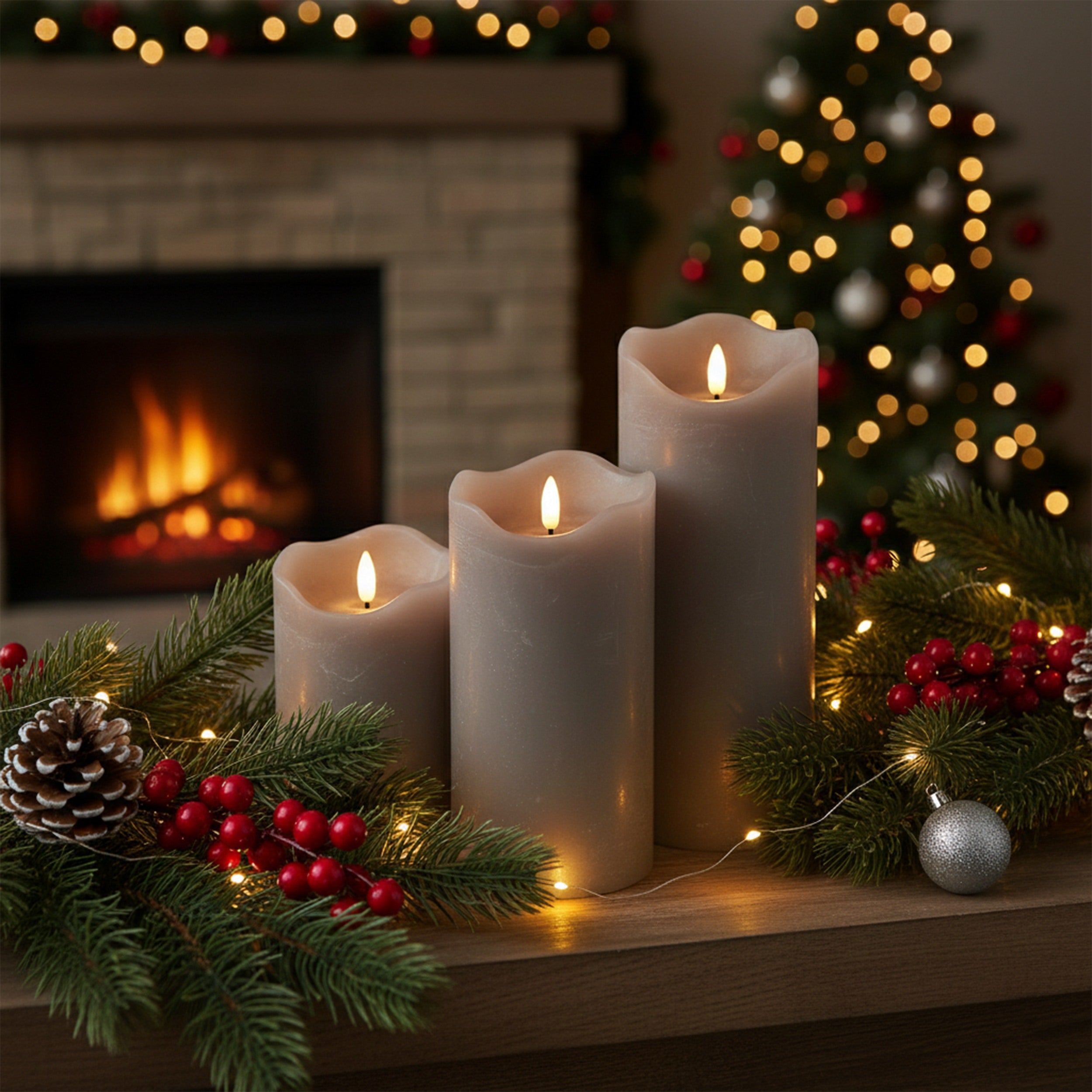 LED Kerze grau mit 3D Flamme Echtwachs Optik Timer 6h 18h Indoor Deko Kerze flackernd batteriebetrieben in drei Größen