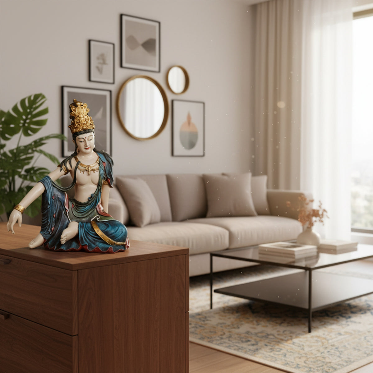 Buddha Figur sitzend groß mit Krone handbemalt aus Polyresin wetterbeständige Buddha Statue für Garten Terrasse Balkon und Wohnzimmer