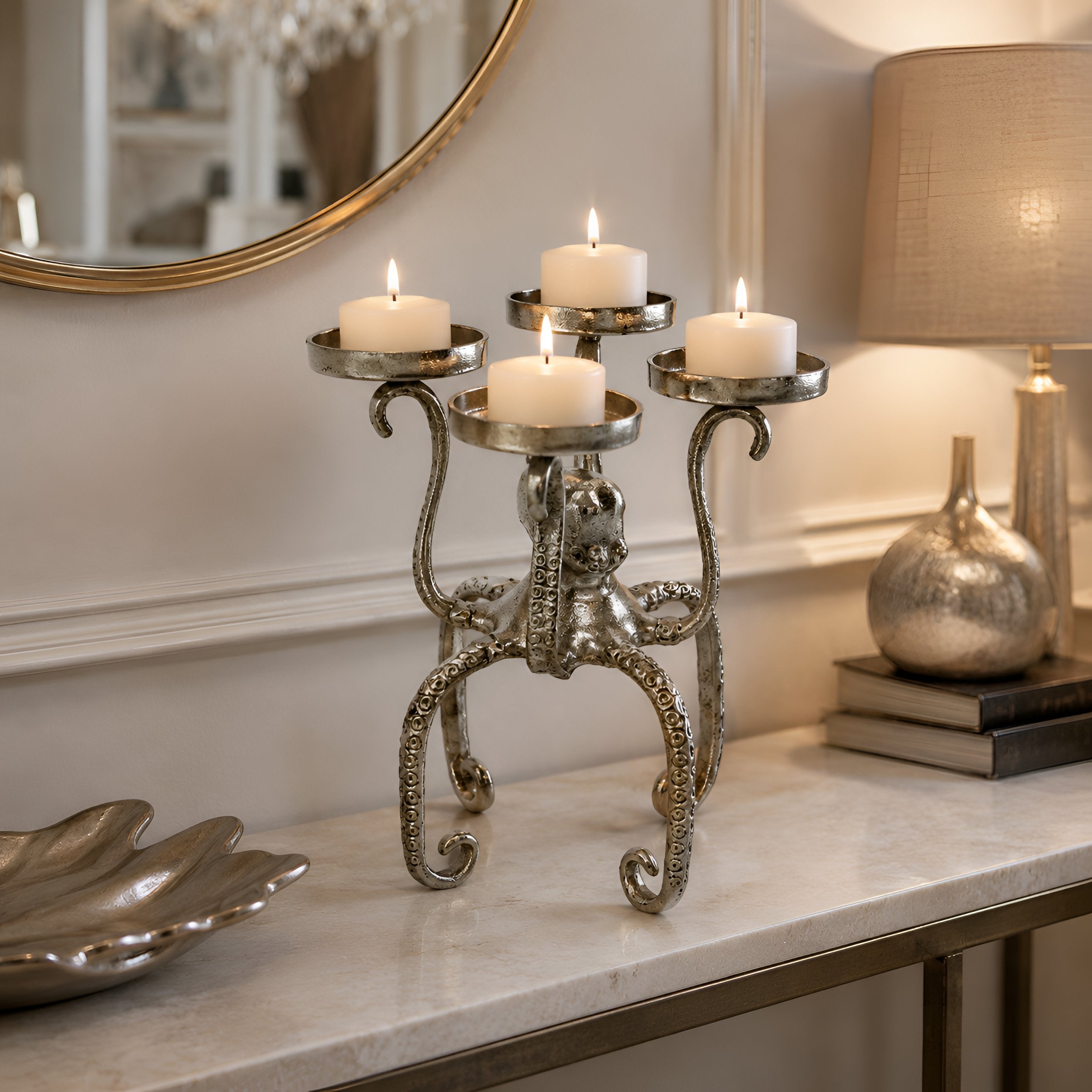 Maritime Deko Octopus aus Aluminium silber - Kerzenleuchter oder Deko-Schale als Tischdeko maritim Variante wählbar