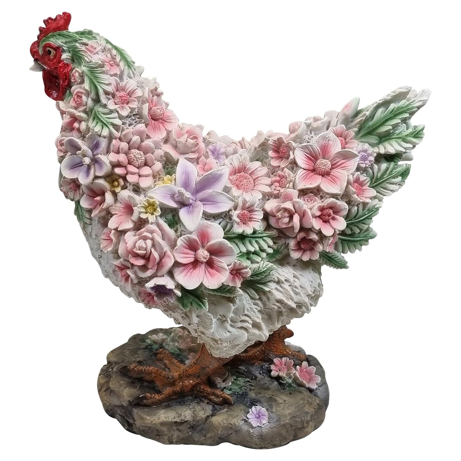 Huhn Henne Tierfigur Huhnfigur stehend mit Blumendekor Gartenfigur Dekofigur