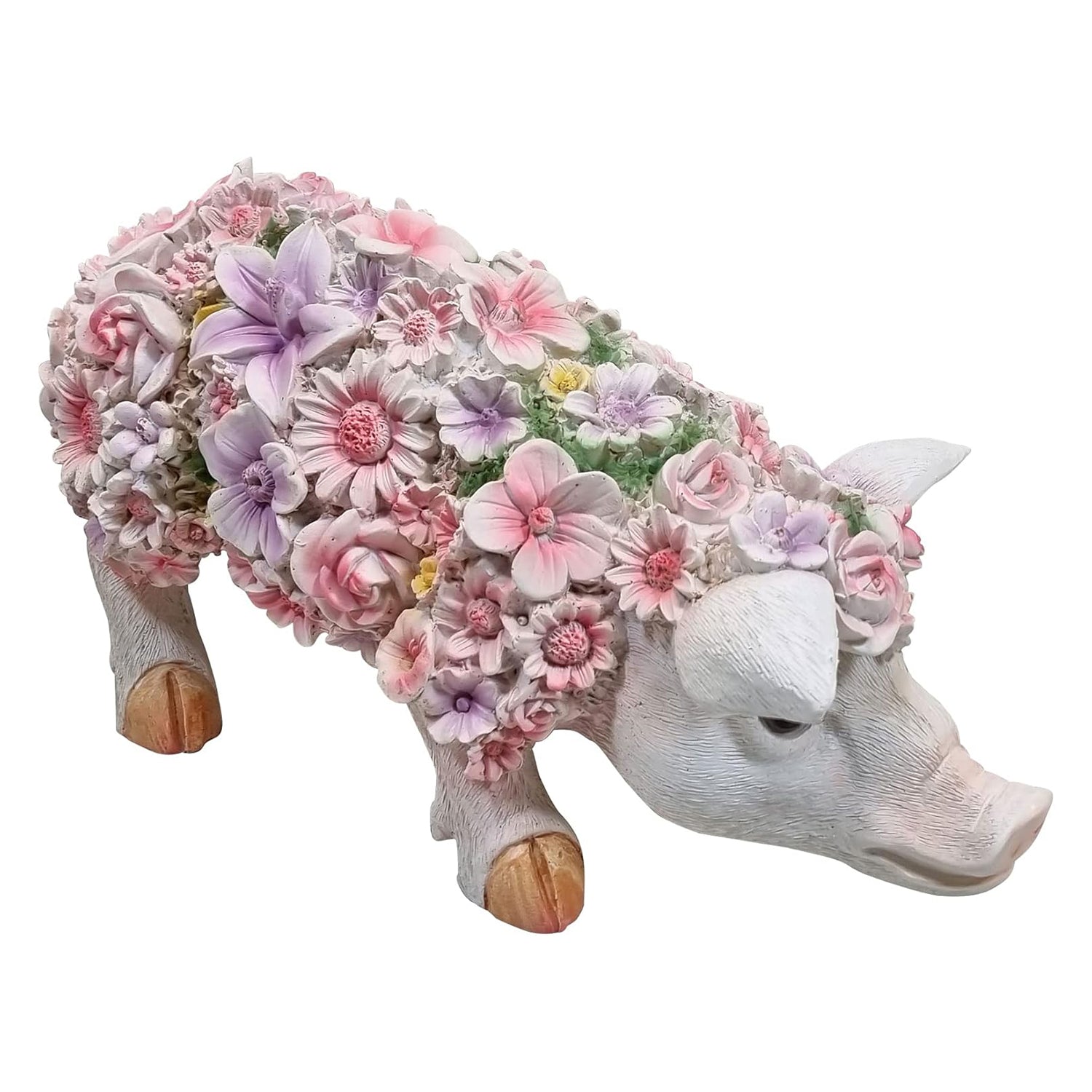 Schwein Schweinchen stehend mit Blumendekor Tierfigur Gartenfigur Dekofigur