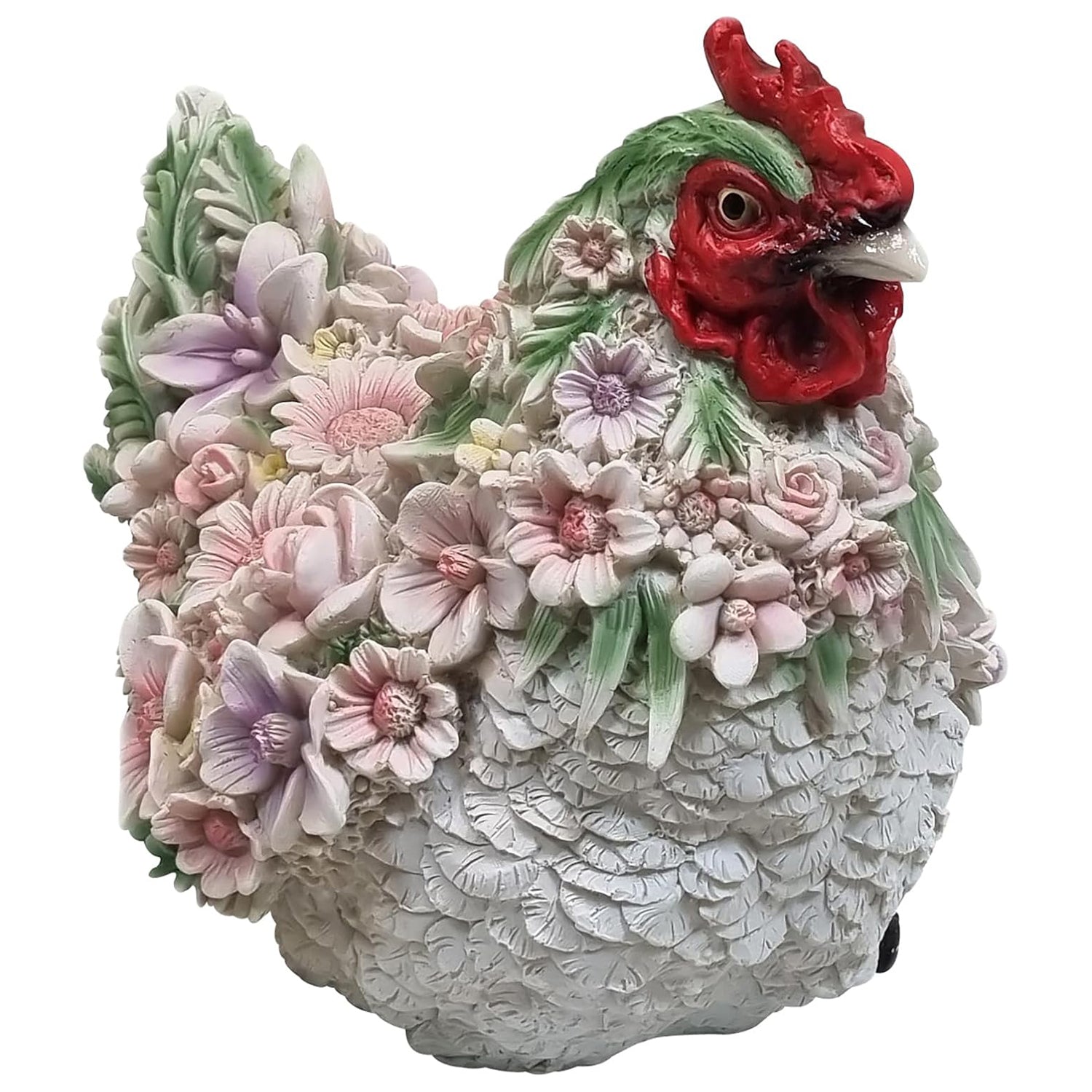 Huhn Henne Tierfigur Huhnfigur sitzend mit Blumendekor Gartenfigur Dekofigur