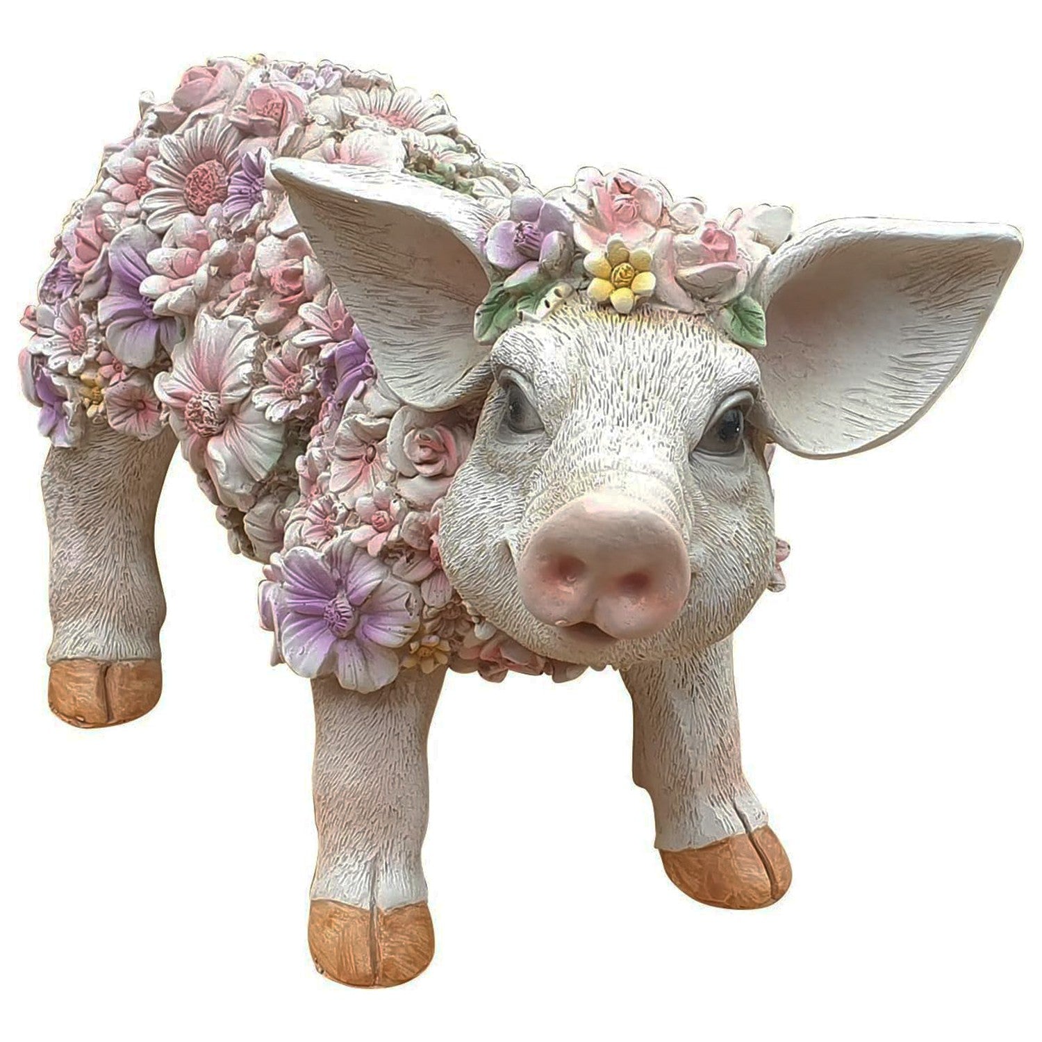 Schwein Schweinchen Tierfigur stehend mit Blumendekor Gartenfigur Dekofigur