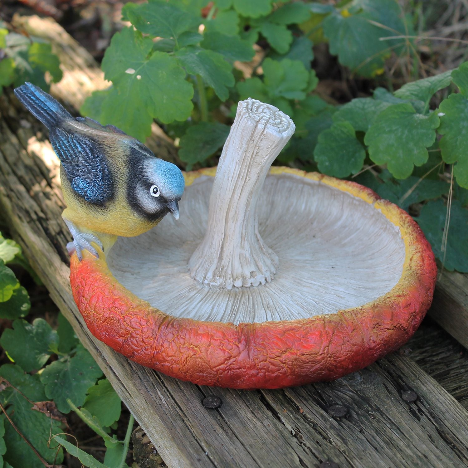 Vogeltränke aus Polyresin in Pilzform – Handbemalt mit Rotkehlchen oder Blaumeise – Dekorative Gartendeko für Garten und Balkon