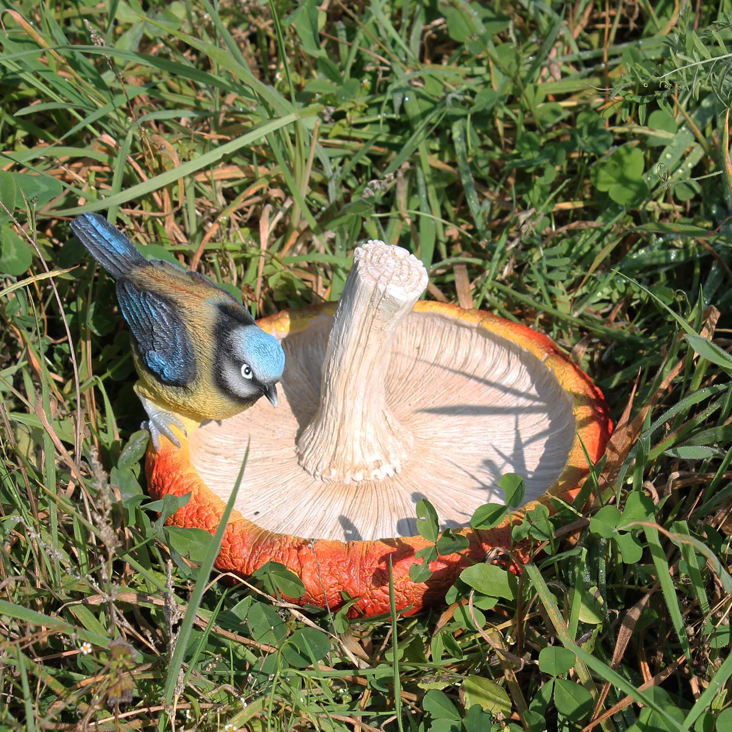 Vogeltränke aus Polyresin in Pilzform – Handbemalt mit Rotkehlchen oder Blaumeise – Dekorative Gartendeko für Garten und Balkon