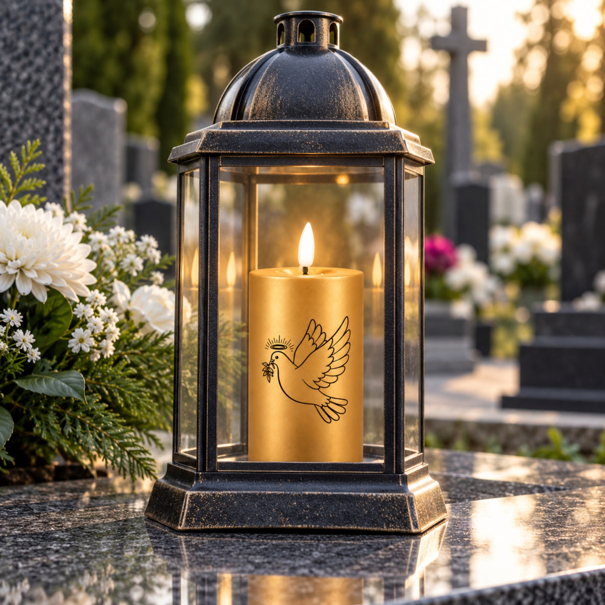 LED Grabkerzen Gold & Silber mit Timer & Varta Batterien – Grabkerze LED / LED Grablicht mit Motiv