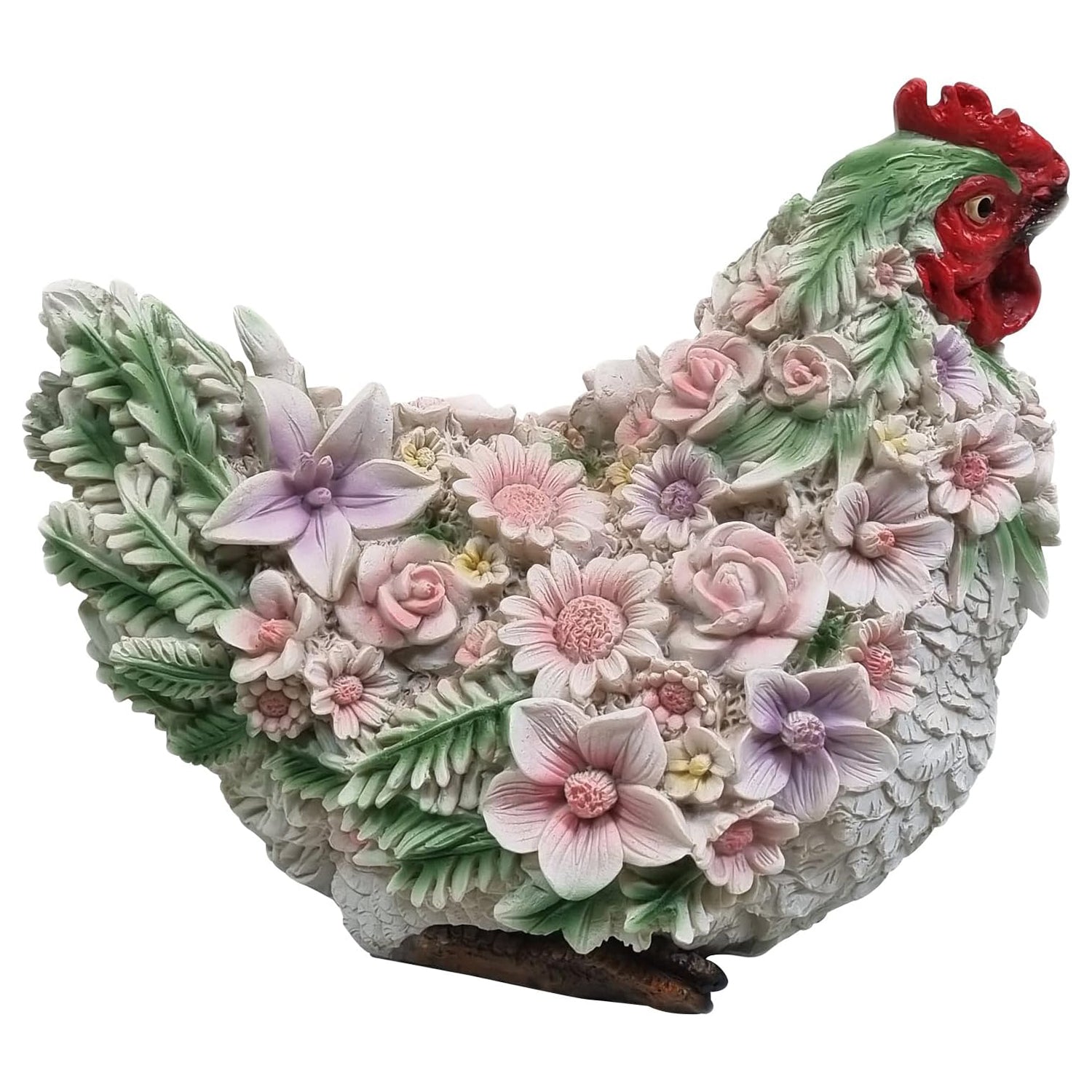 Huhn Henne Tierfigur Huhnfigur sitzend mit Blumendekor Gartenfigur Dekofigur