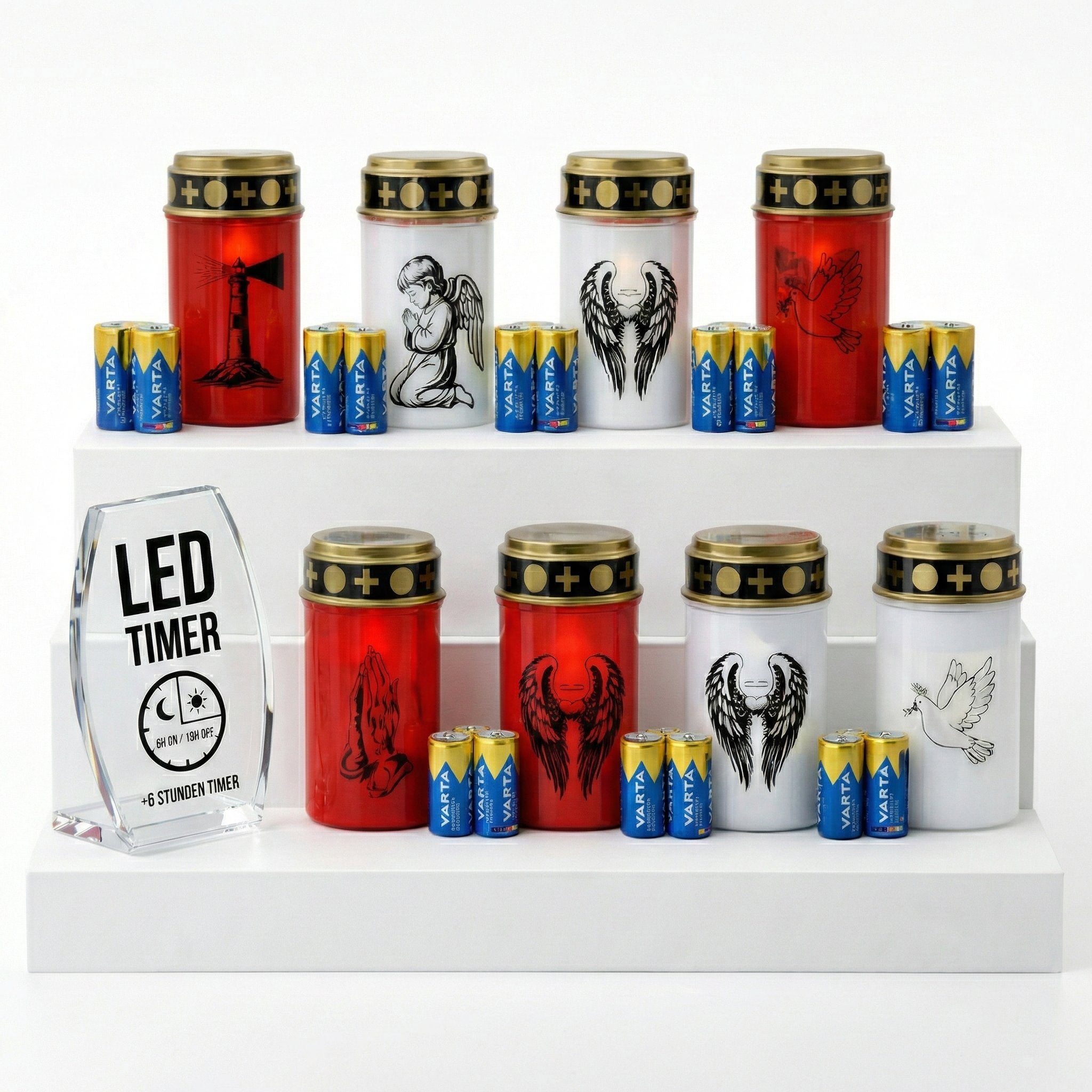 LED Grablicht mit Timer & Motivwahl - Grabkerze LED inklusive 2× Varta Longlife Batterie C für lange Laufzeit