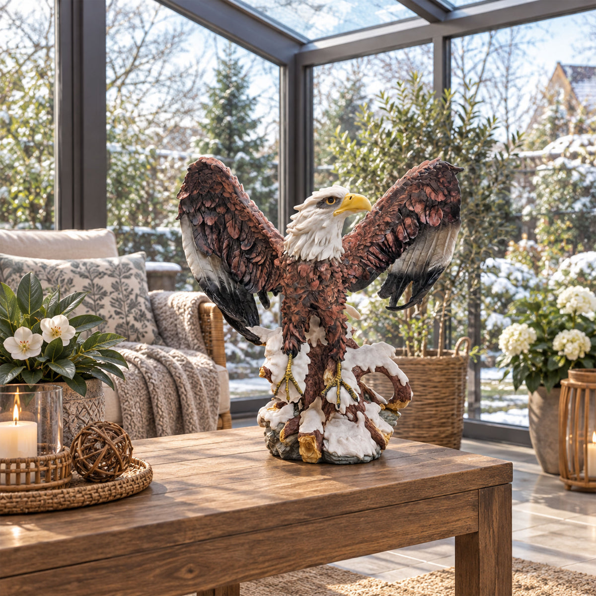 Adler Figur groß Weißkopfseeadler Elvis mit ausgebreiteten Flügeln Gartenfigur Adler wetterfest Greifvogel Deko für Garten Terrasse und Wohnbereich