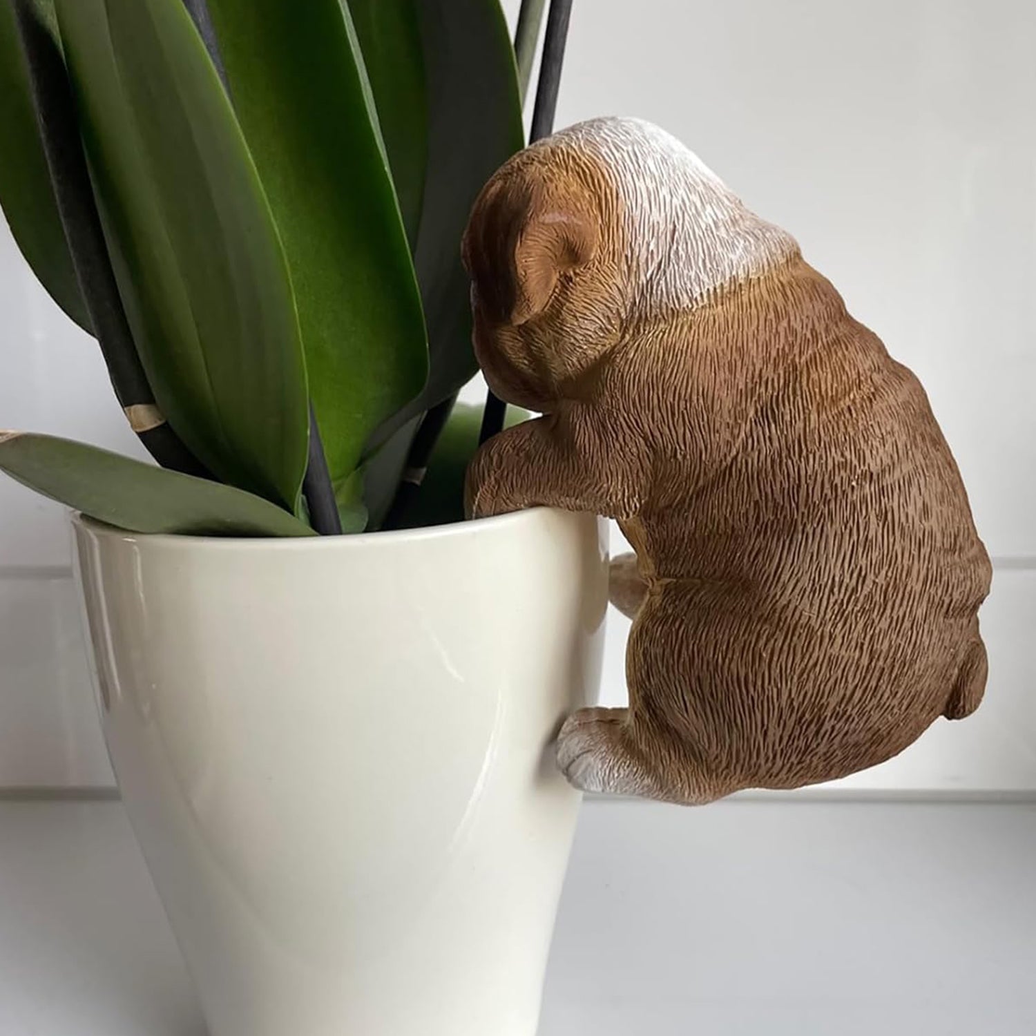 Dekofigur Bulldogge zum Anhängen Blumentopf Hundefigur braun wetterfest für Garten Balkon Terrasse und Zimmerpflanzen