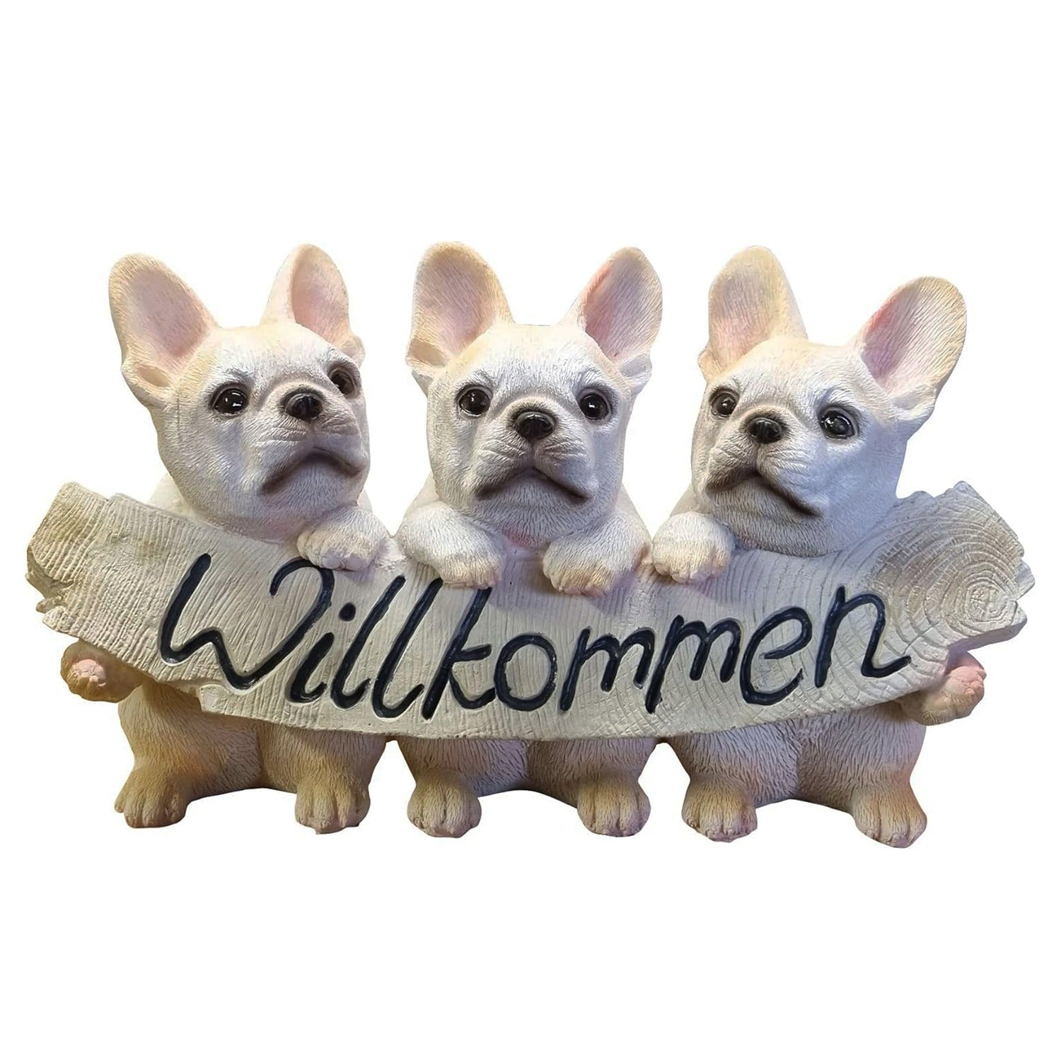 Bulldoggen Welpen Willkommen Schild Tierfigur Gartenfigur Dekofigur