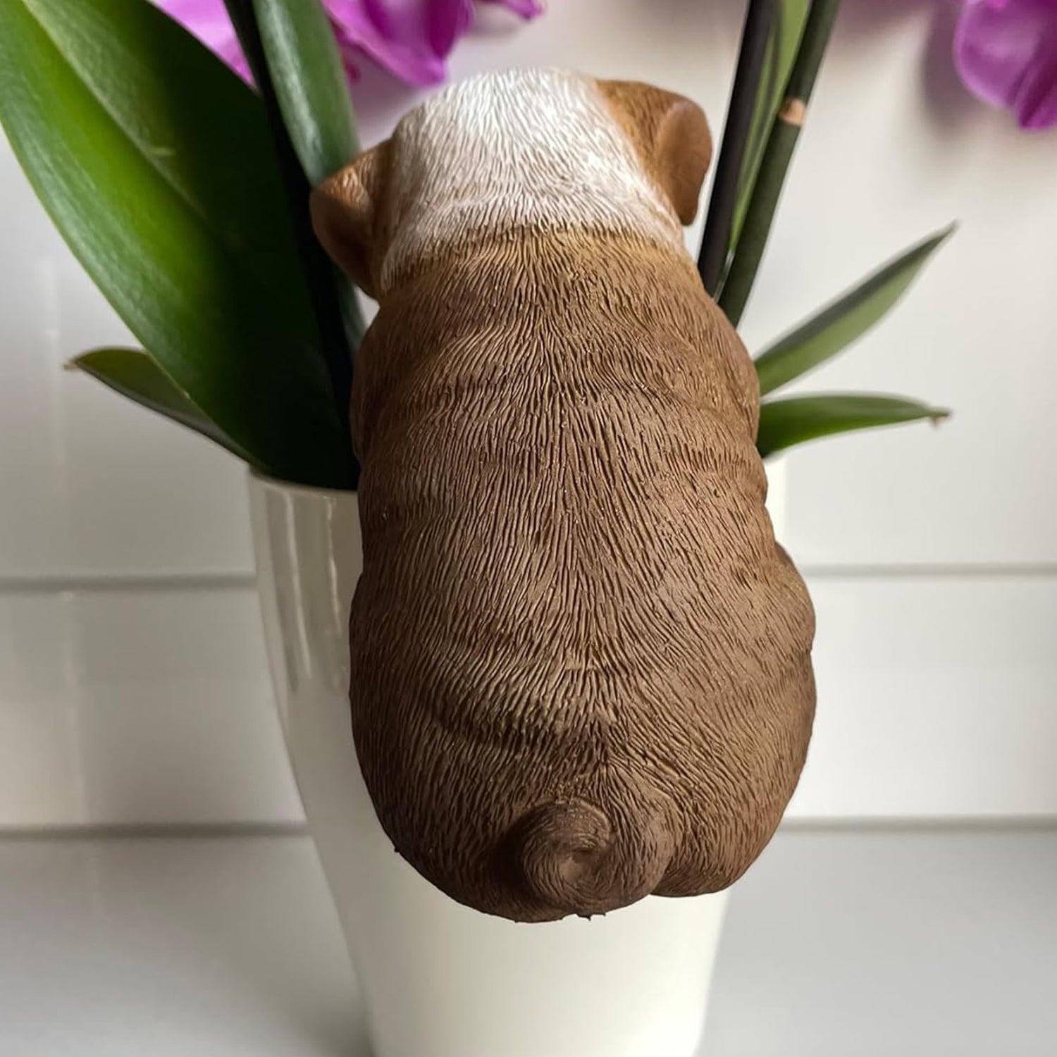 Dekofigur Bulldogge zum Anhängen Blumentopf Hundefigur braun wetterfest für Garten Balkon Terrasse und Zimmerpflanzen