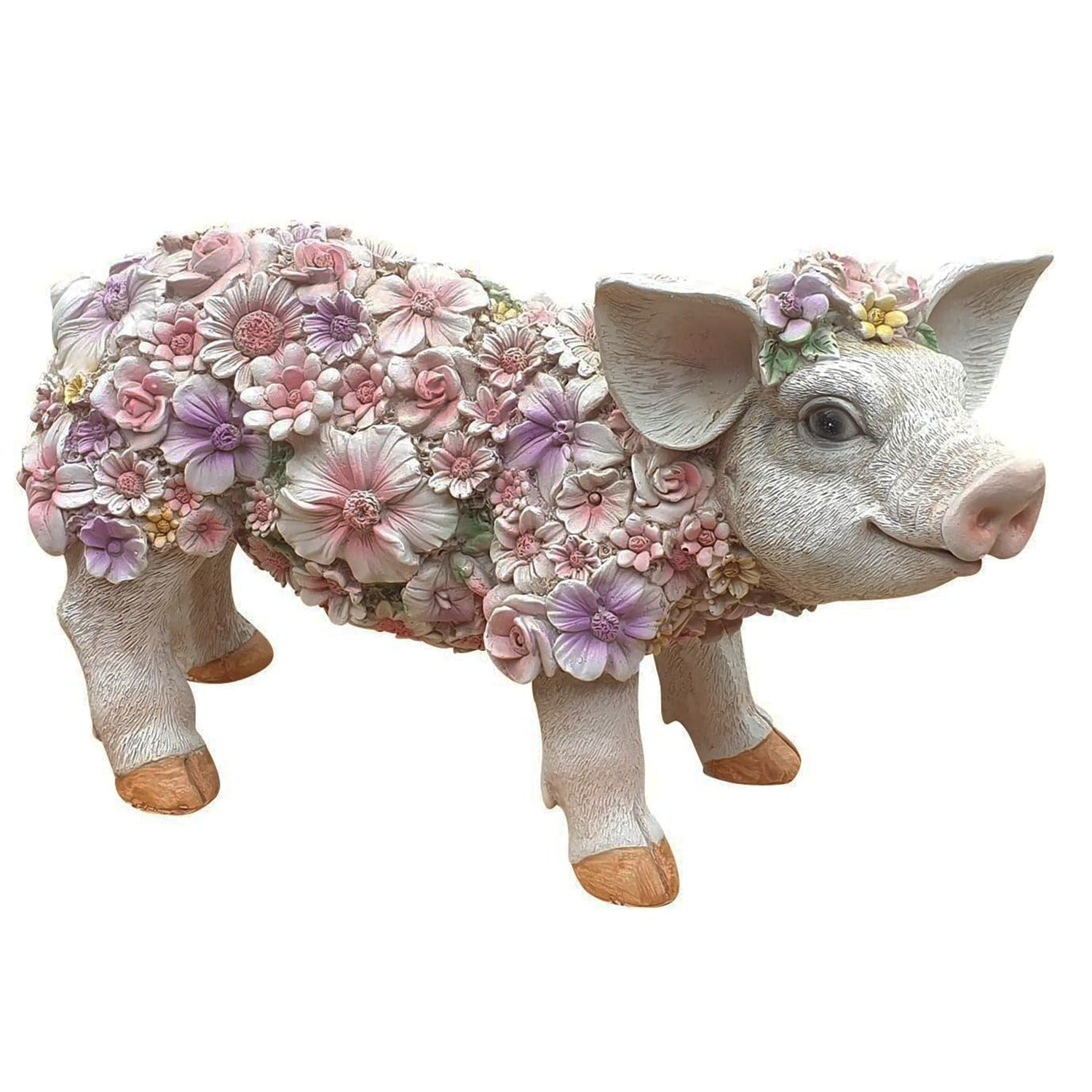 Schwein Schweinchen Tierfigur stehend mit Blumendekor Gartenfigur Dekofigur