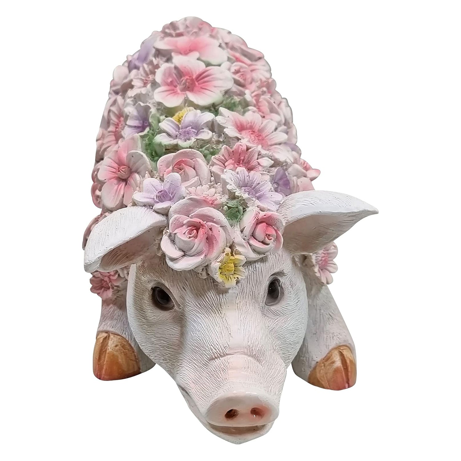 Schwein Schweinchen stehend mit Blumendekor Tierfigur Gartenfigur Dekofigur