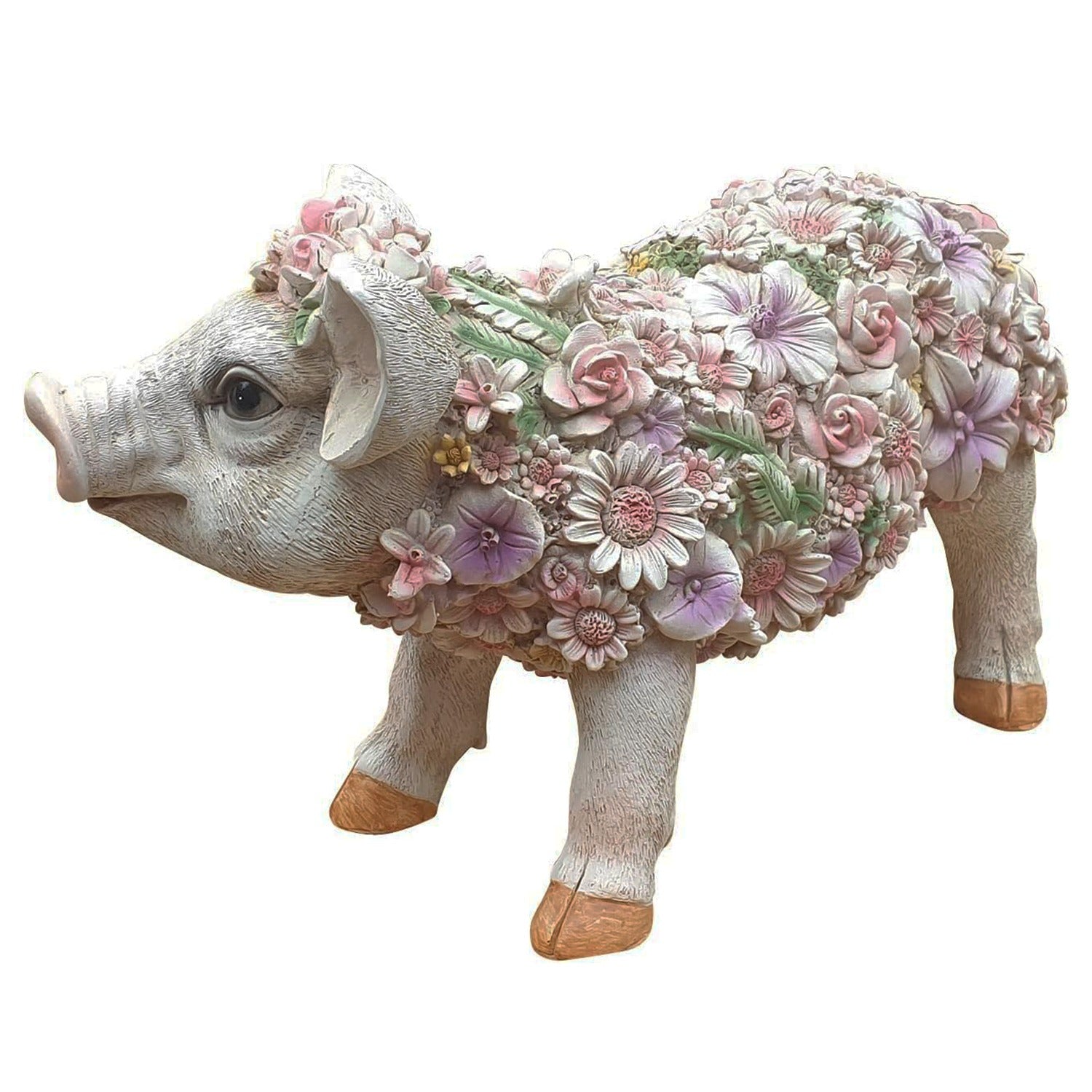 Schwein Schweinchen Tierfigur stehend mit Blumendekor Gartenfigur Dekofigur