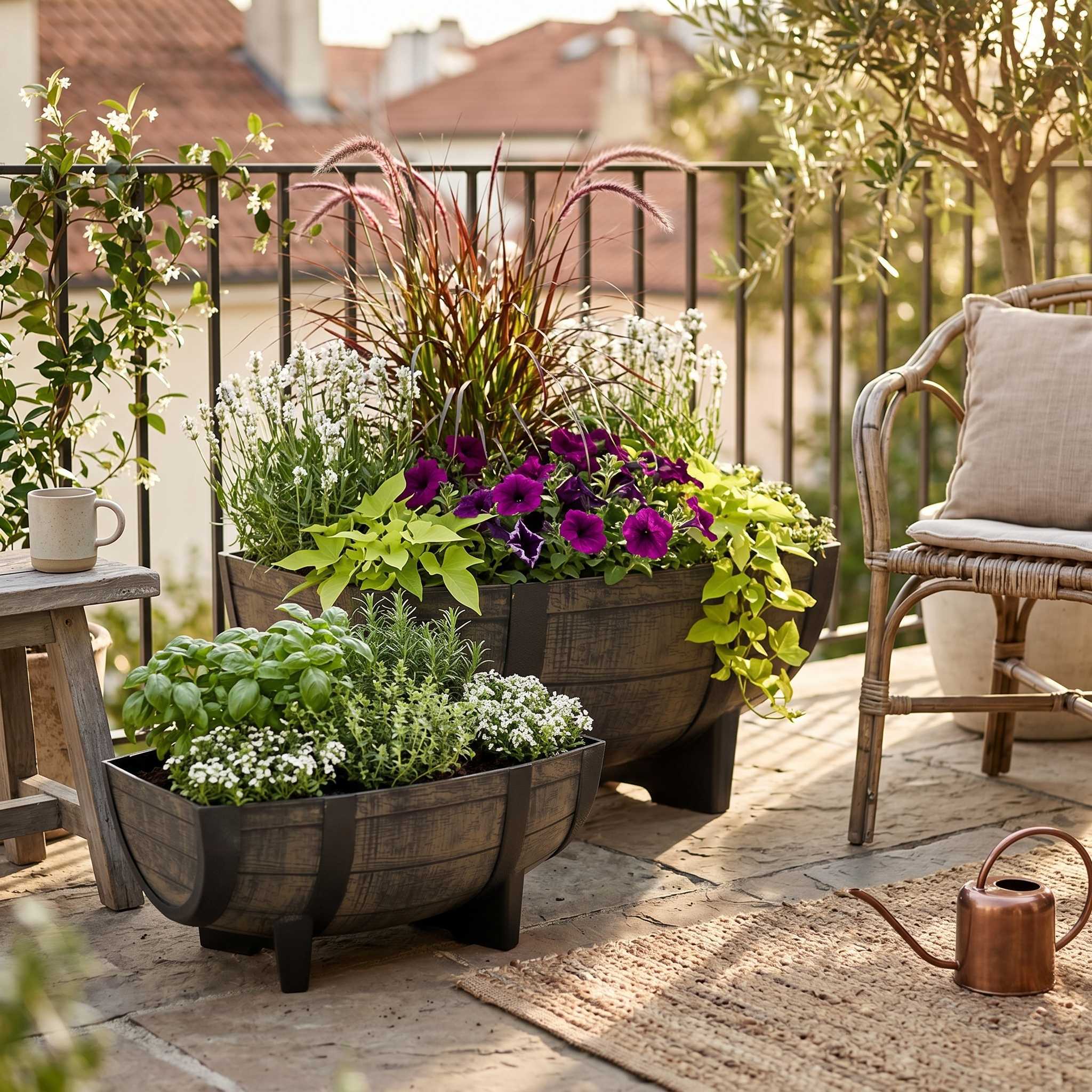 Pflanzkübel Weinfass Optik aus Kunststoff wetterfest für Garten Balkon Terrasse und Hauseingang Pflanztopf Blumenkübel mit Ablaufloch und Sieb Größe wählbar
