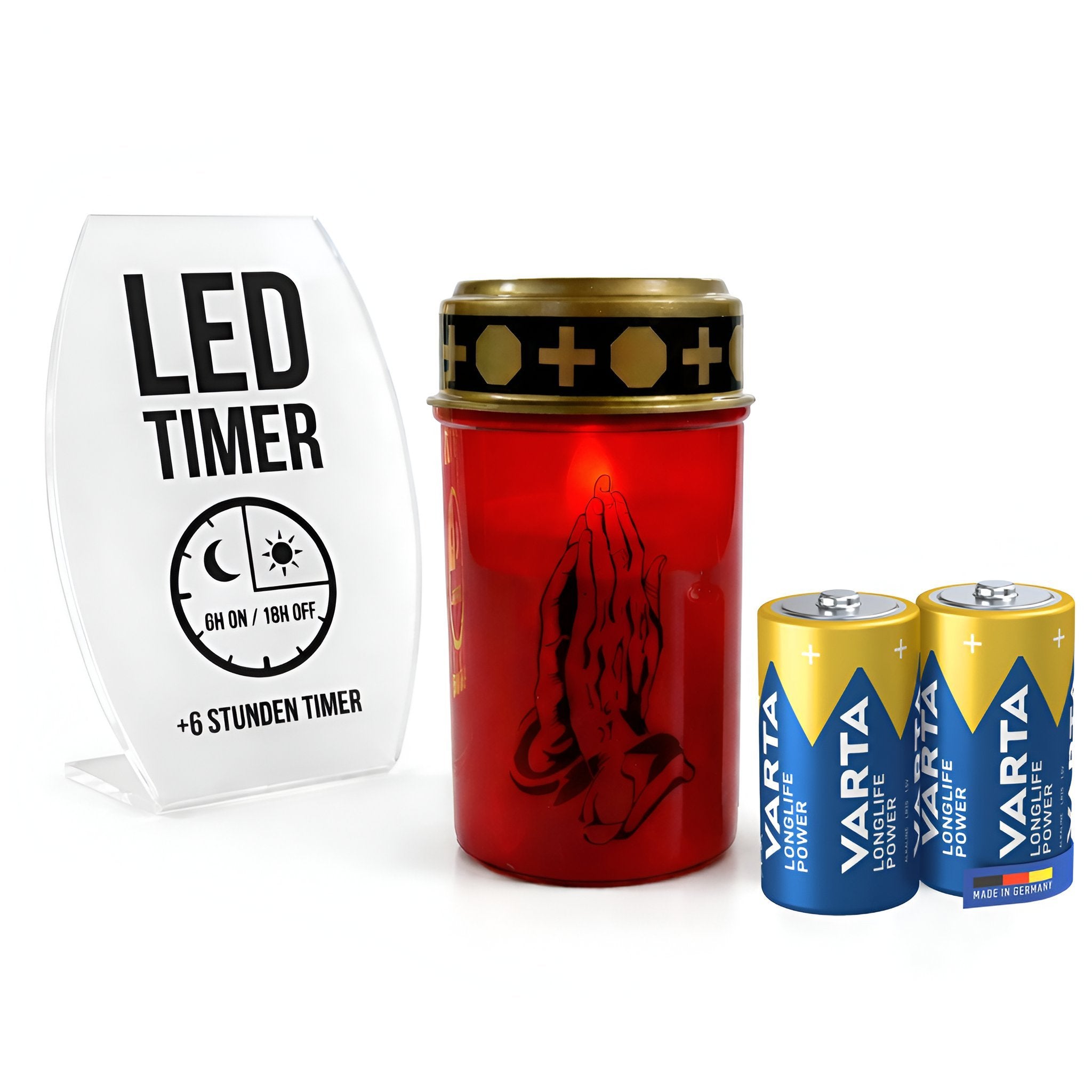 LED Grablicht mit Timer & Motivwahl - Grabkerze LED inklusive 2× Varta Longlife Batterie C für lange Laufzeit