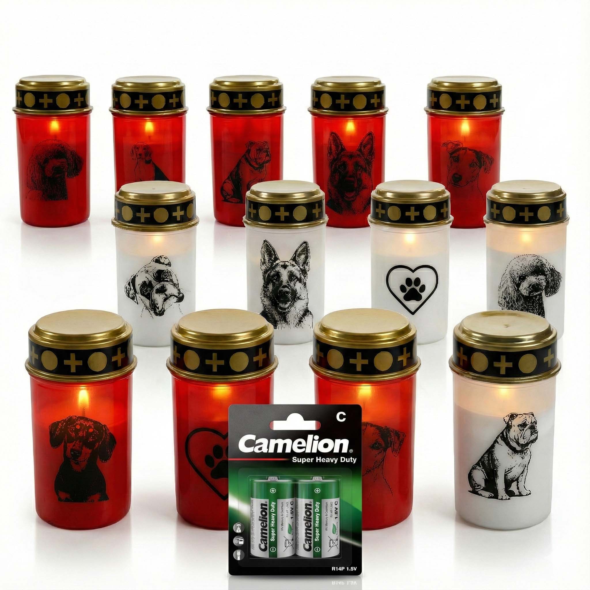 LED Grablicht Hund Grablicht LED mit 2 LR14 Batterien Grabschmuck Hund in Rot oder Weiß, verschiedene Motive zur Auswahl