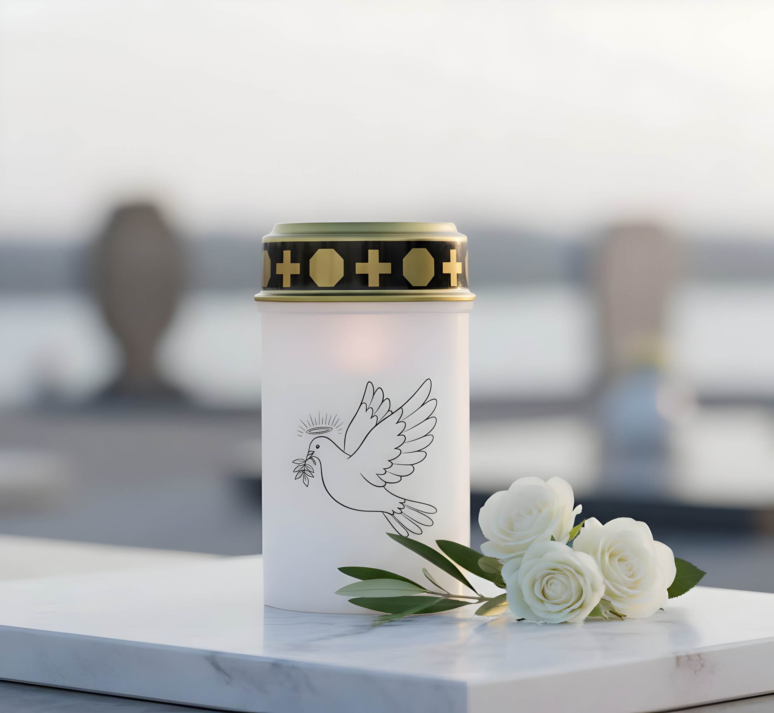 LED Grablicht mit Timer & Motivwahl - Grabkerze LED inklusive 2× Varta Longlife Batterie C für lange Laufzeit