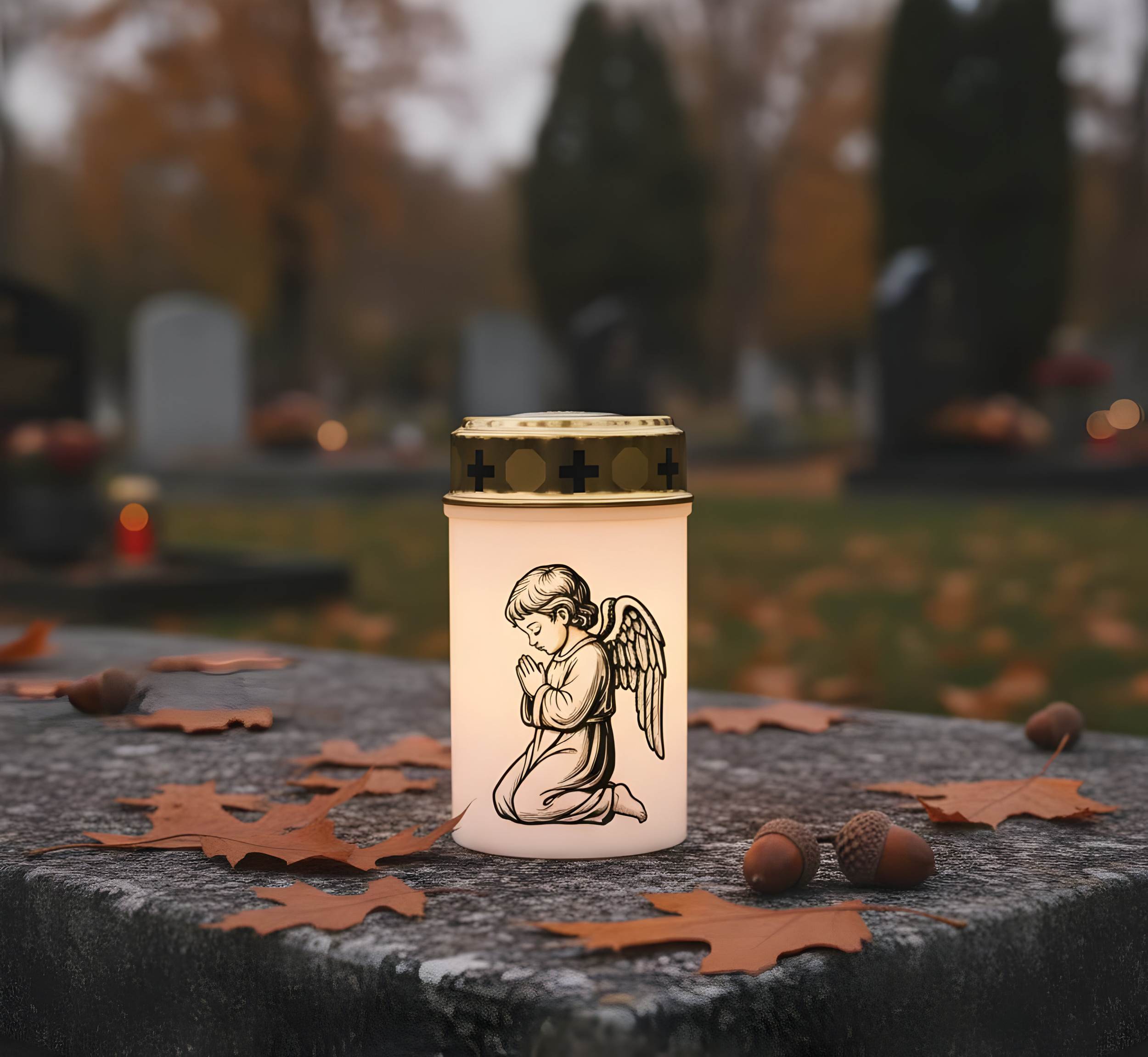 LED Grablicht mit Timer & Motivwahl - Grabkerze LED inklusive 2× Varta Longlife Batterie C für lange Laufzeit