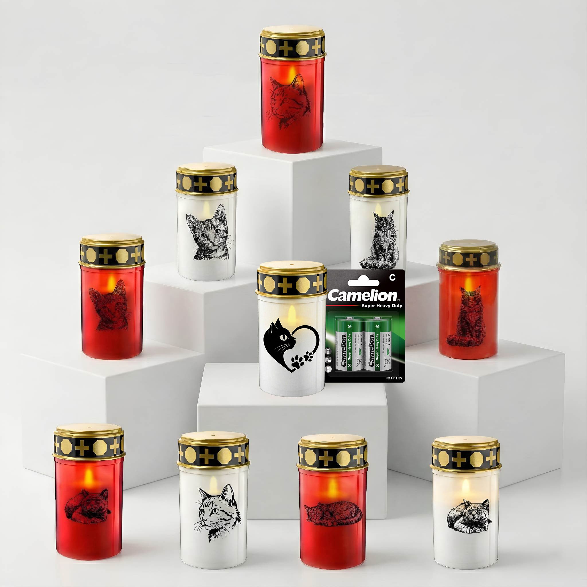 LED Grablicht Katze Grablicht LED Grabschmuck Katze in Rot oder Weiß mit verschiedenen Katzenmotiven und 2 Batterien für Tiergrab und Gedenkplatz